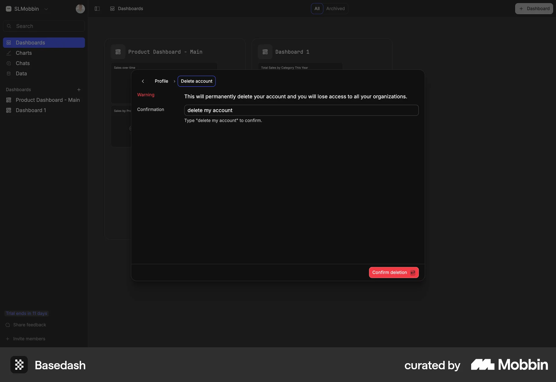 Basedash Web Delete & Deactivate Account screen