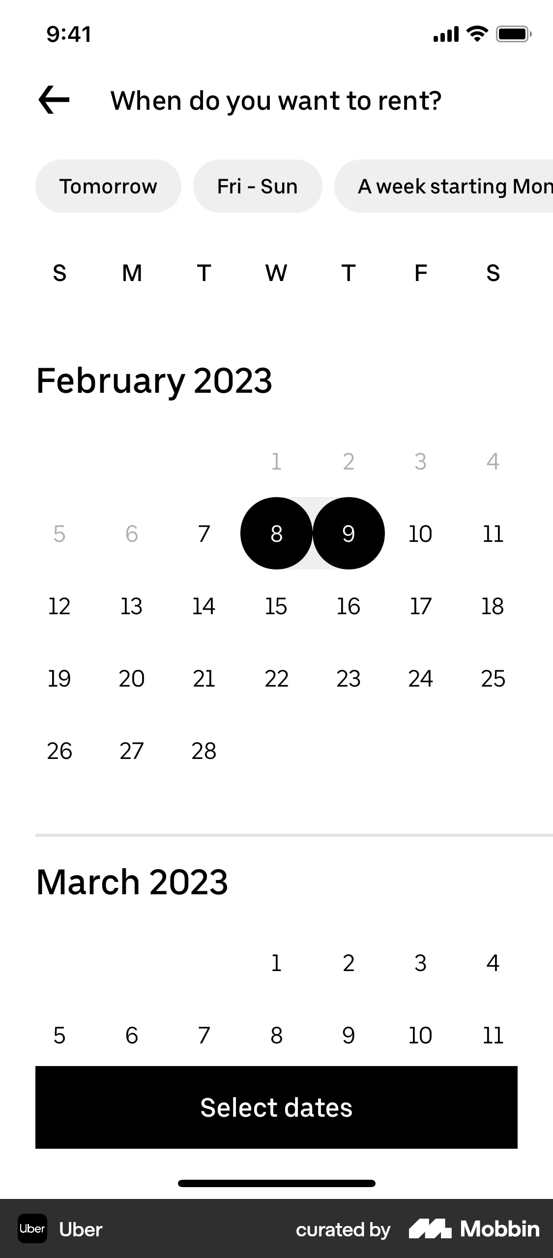 Uber iOS Calendar screen