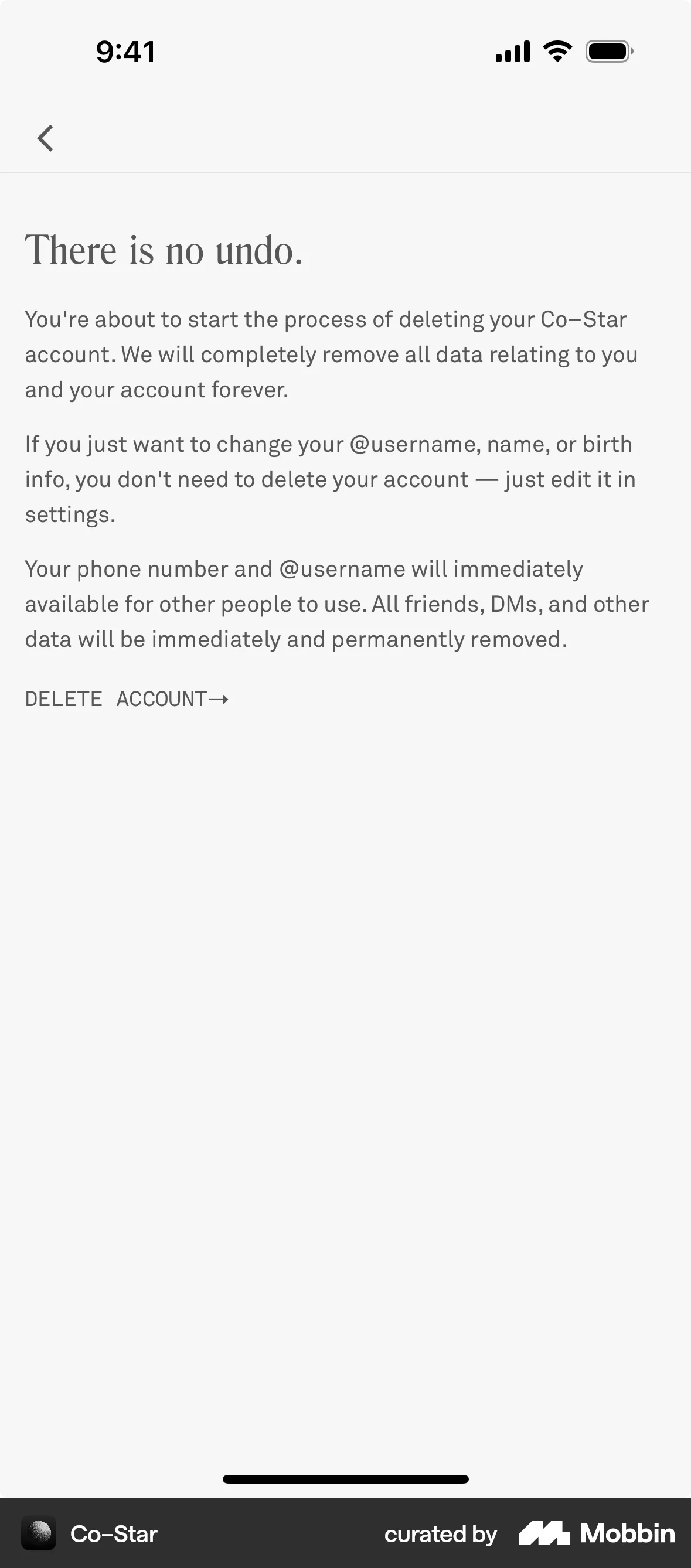 Co–Star iOS Delete & Deactivate Account screen