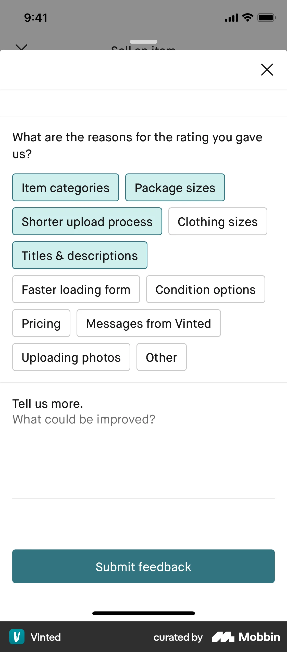 Vinted iOS Feedback screen