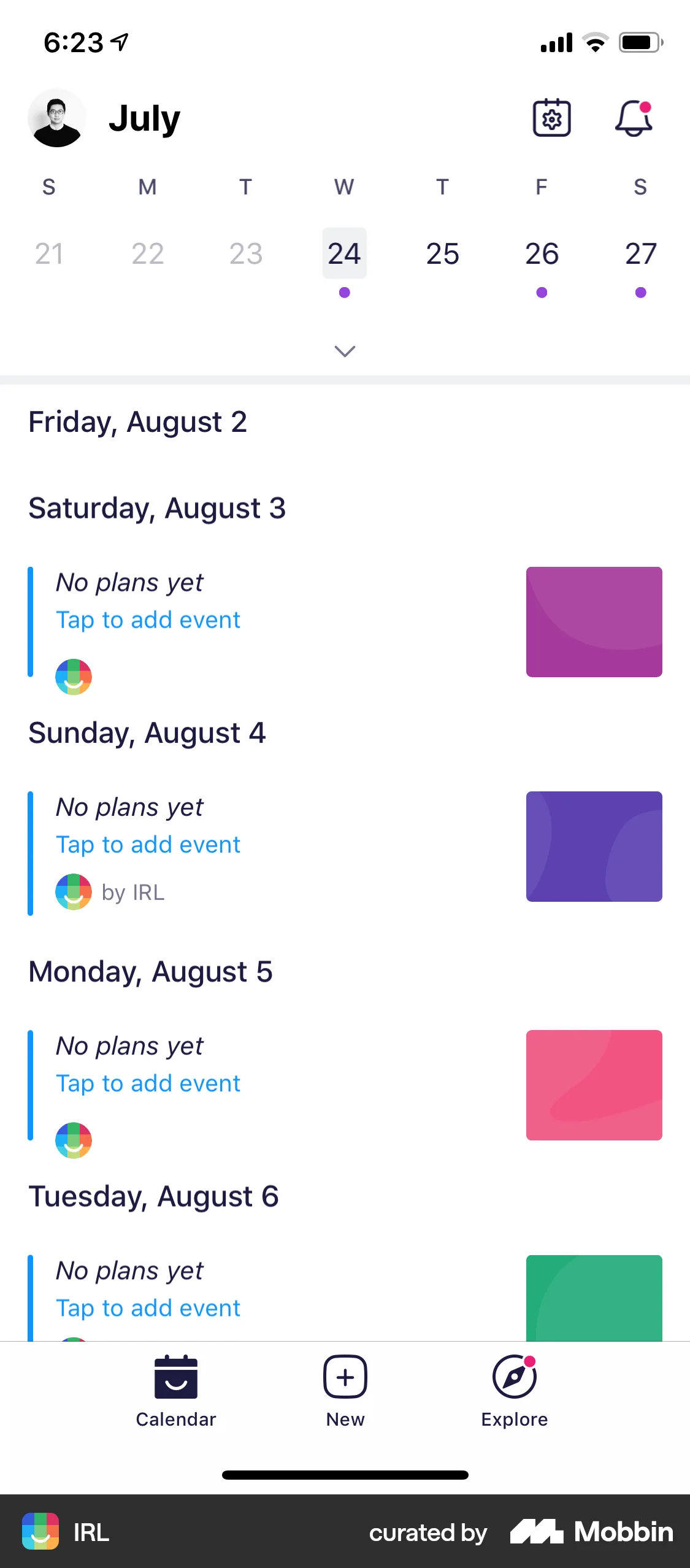 IRL iOS Calendar screen