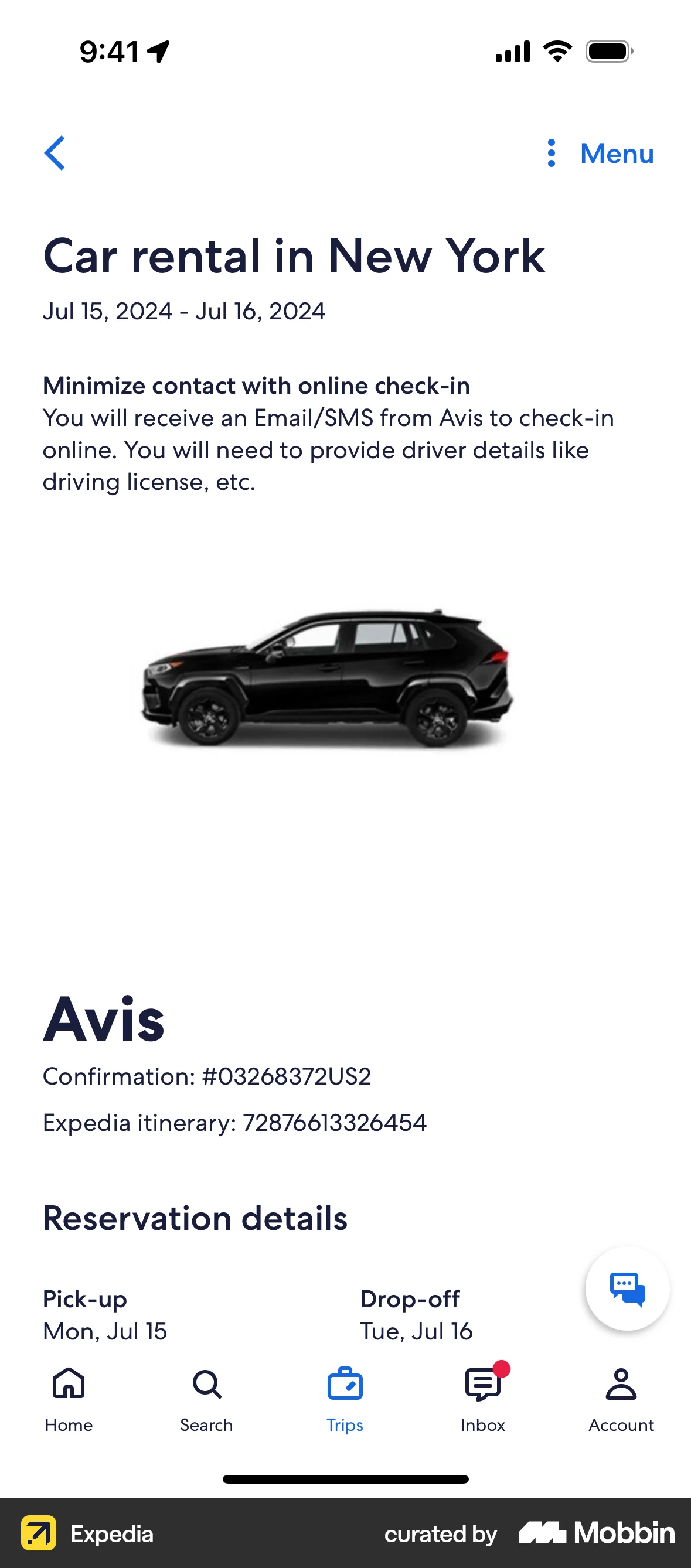 Expedia iOS Order Detail screen