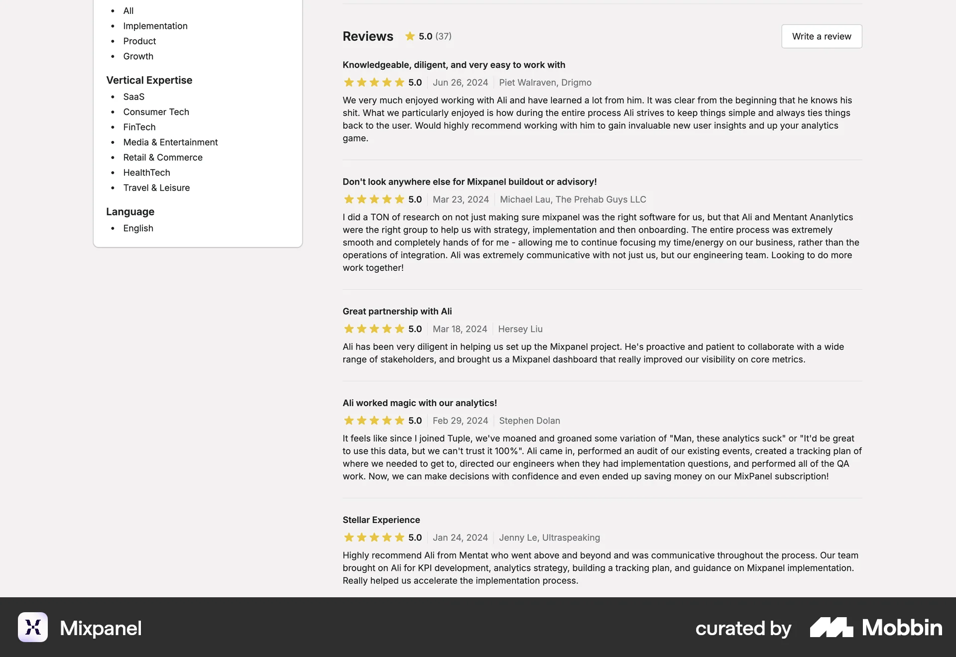 Mixpanel Web Reviews & Ratings screen