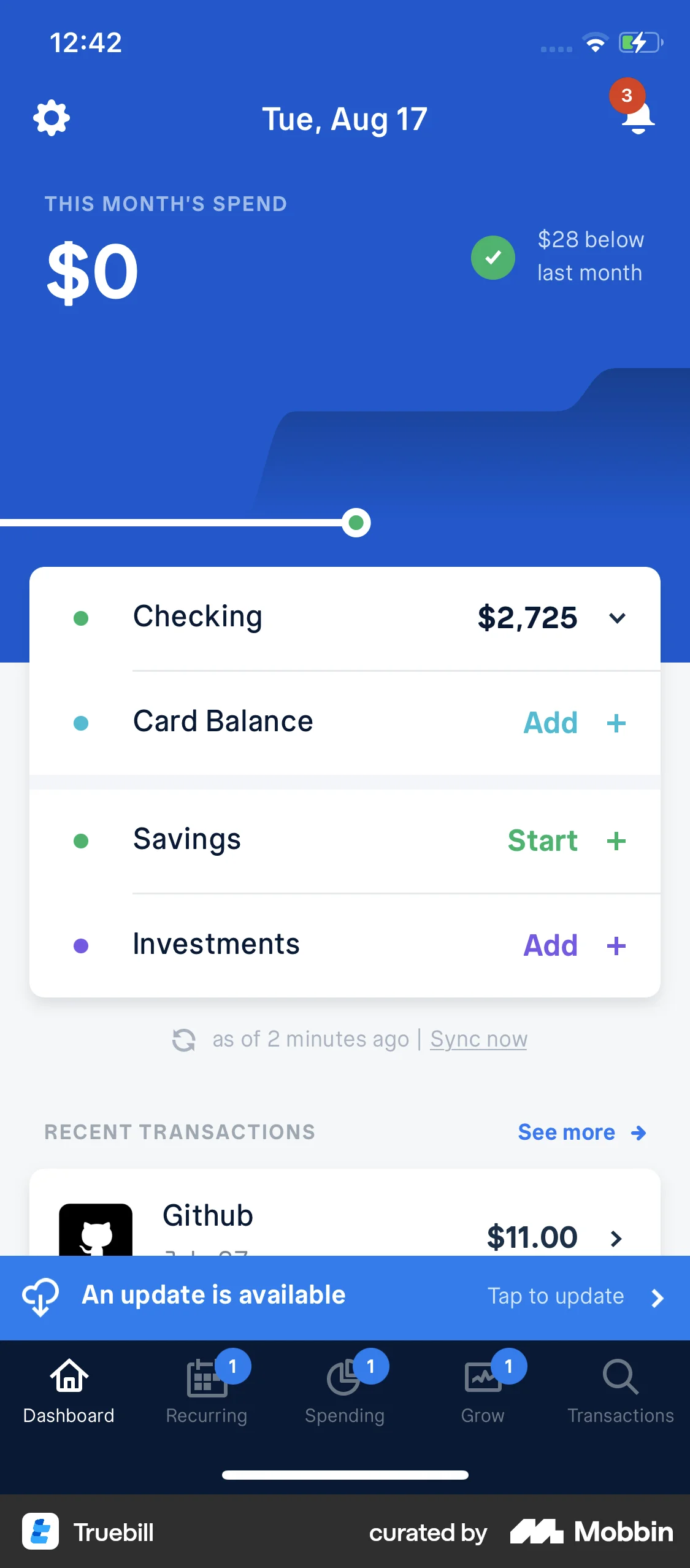 Truebill iOS screen containing Accordion UI element