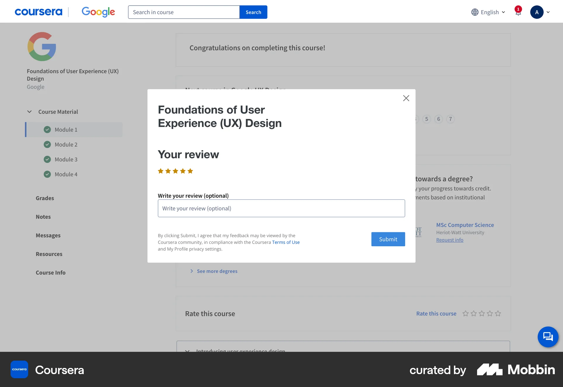 Coursera Web Reviews & Ratings screen