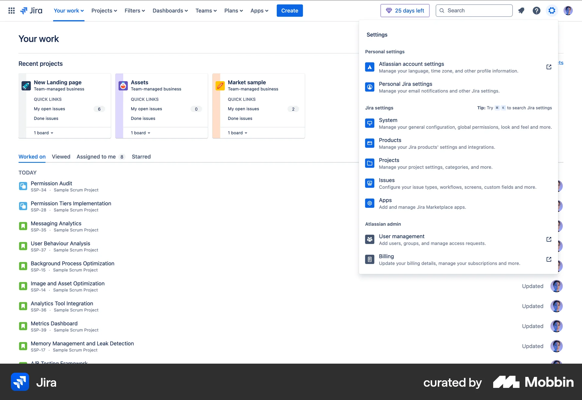 Jira Web screen containing Dropdown Menu UI element