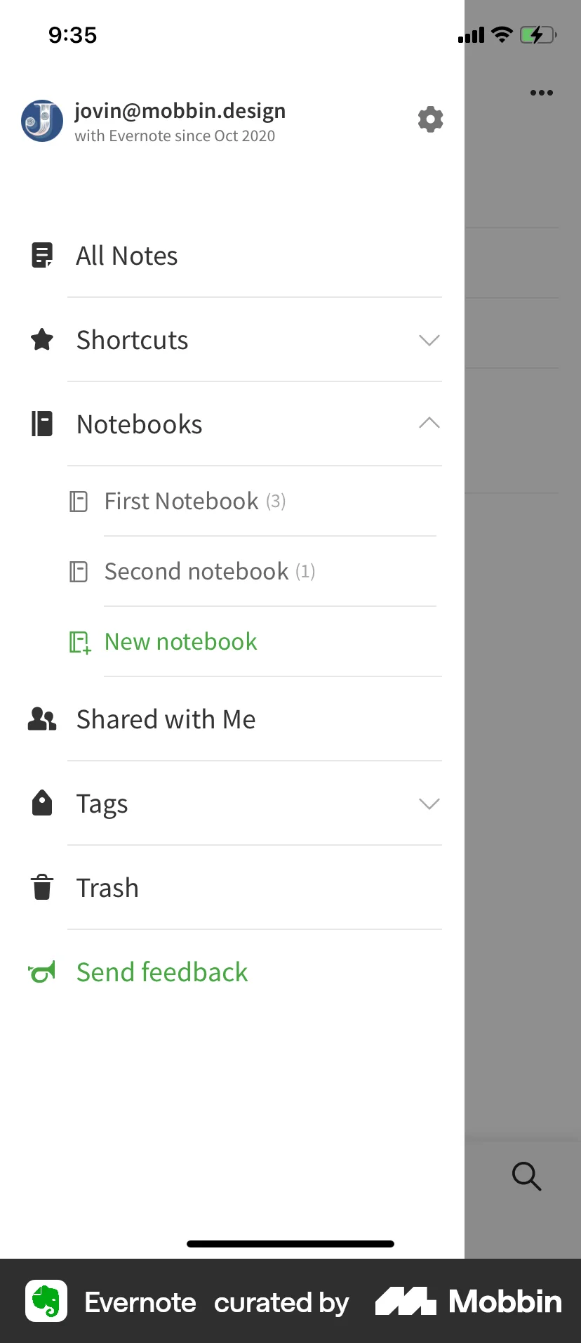 Evernote iOS screen containing Side Navigation UI element