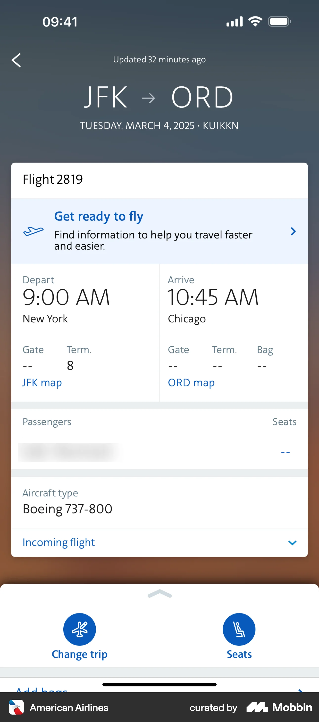 American Airlines iOS Order Detail screen