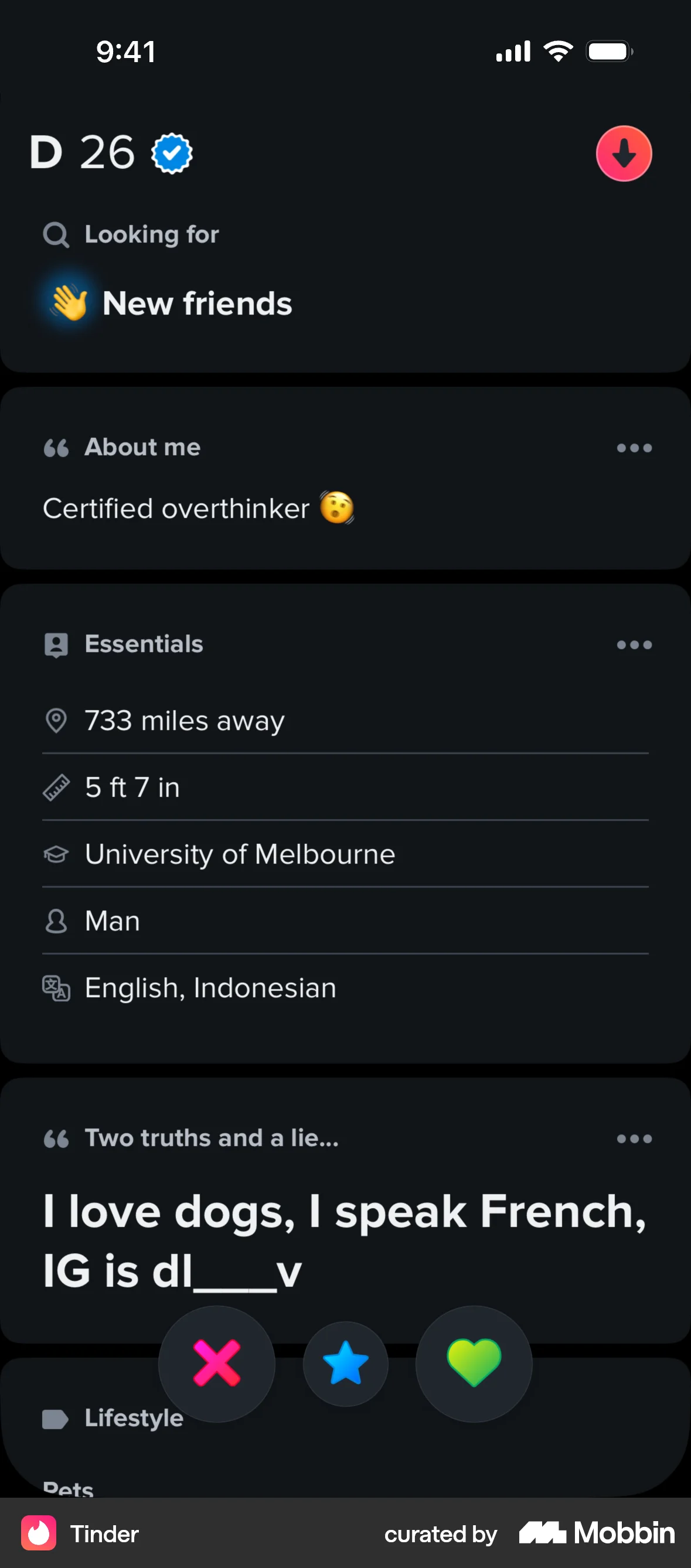 Tinder iOS Dark Mode screen