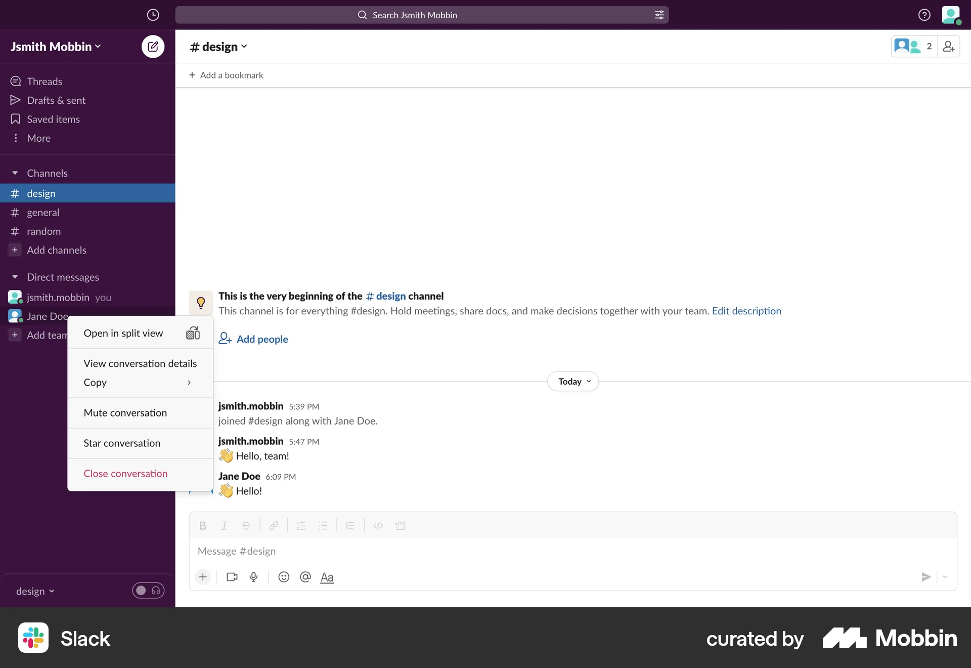 Slack Web screen containing Context Menu UI element