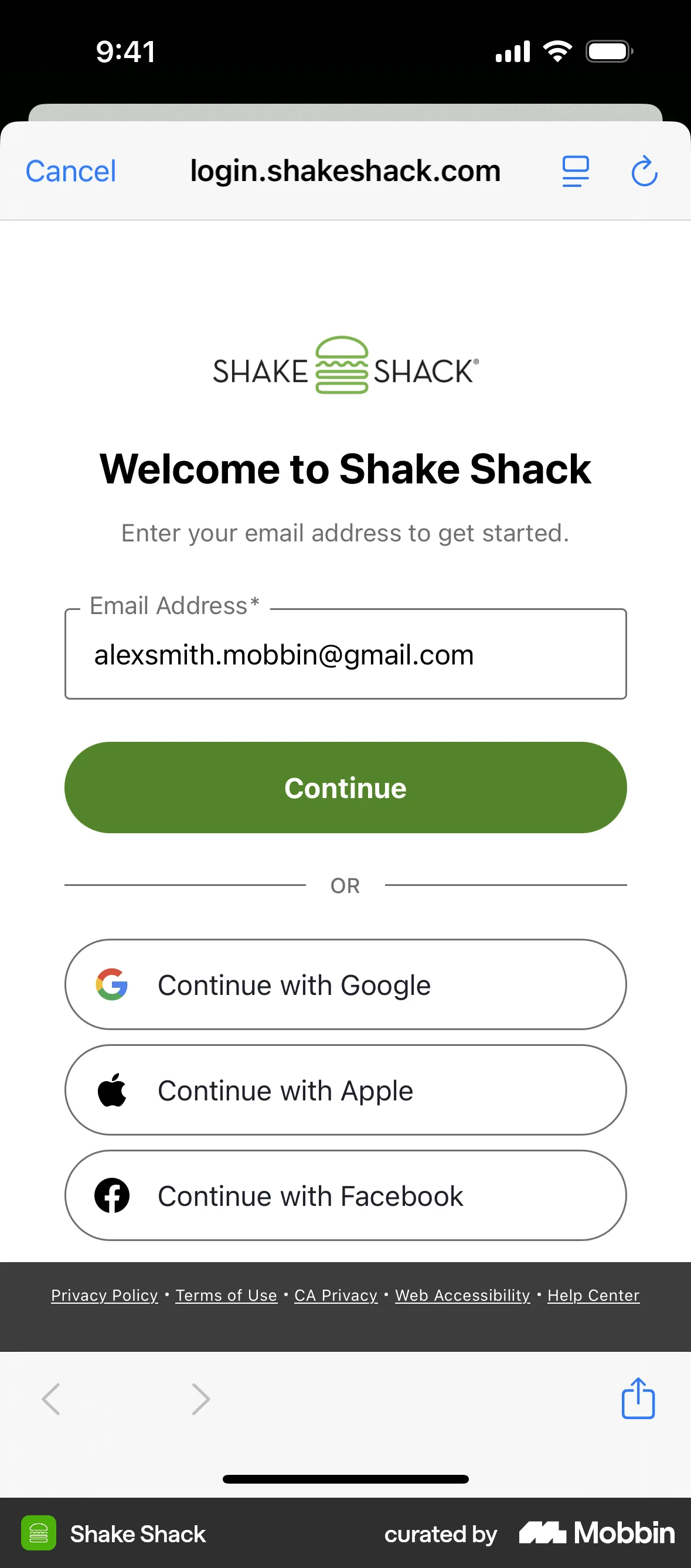 Shake Shack iOS Browser screen