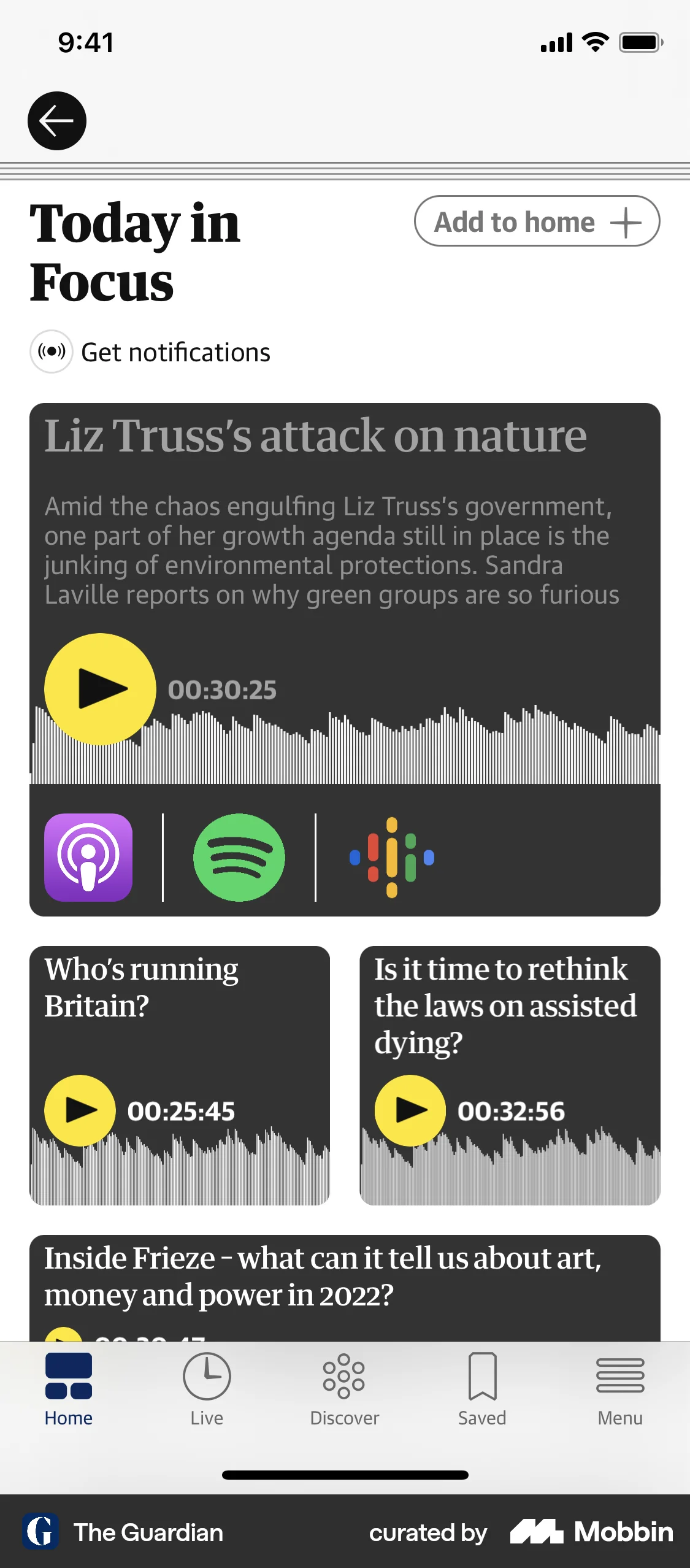 The Guardian iOS News Feed screen