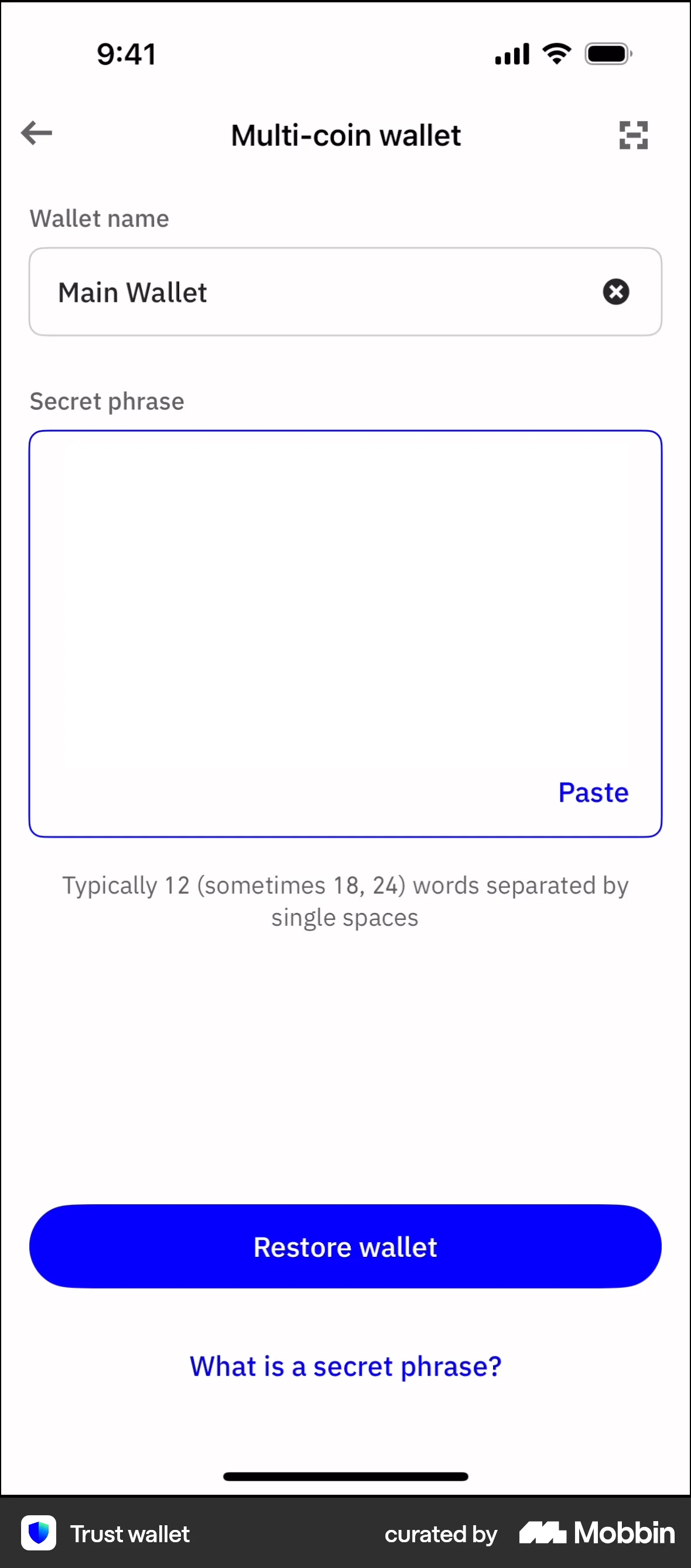 Trust Wallet iOS screen containing Text Field UI element