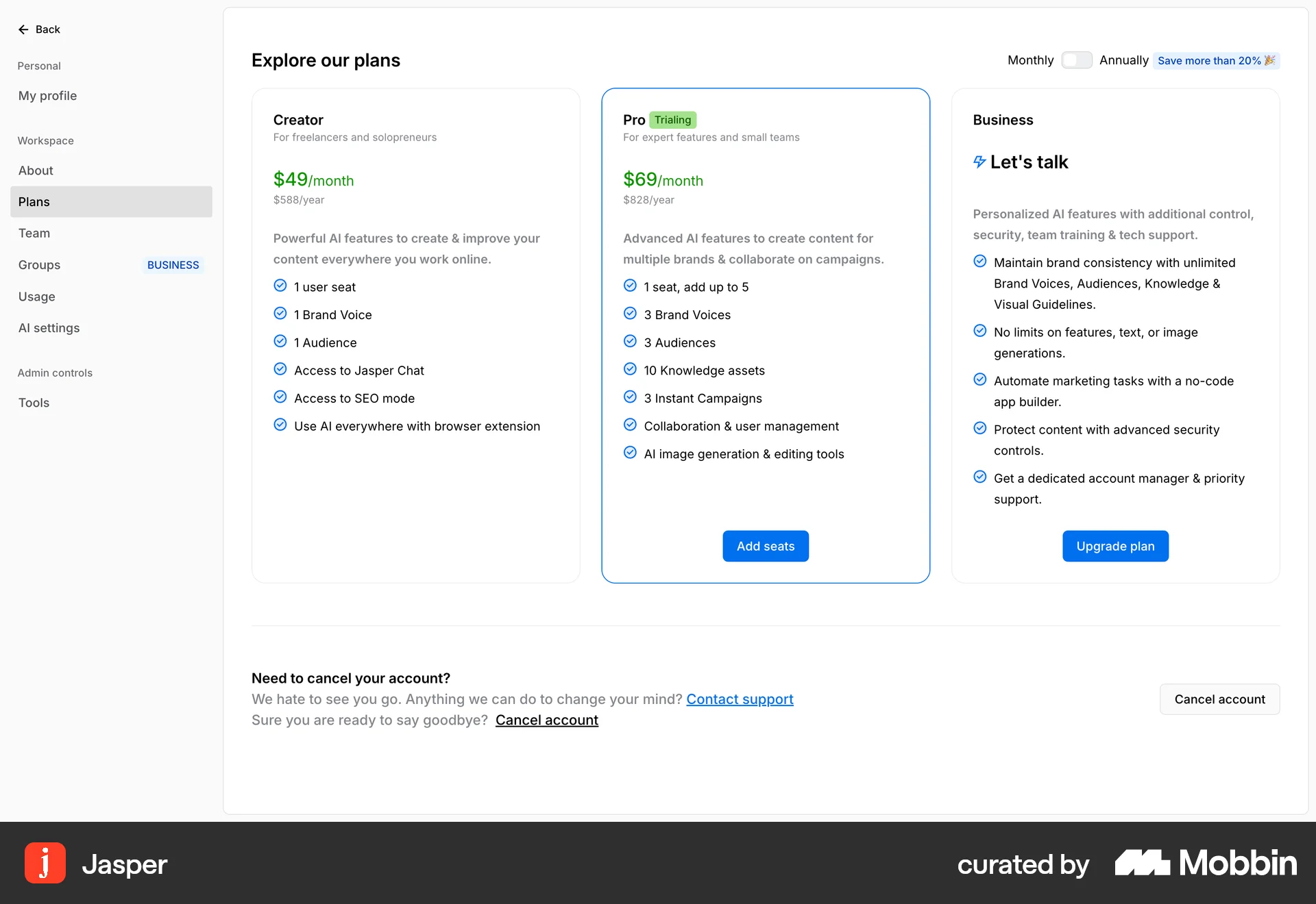 Jasper Web Subscription & Paywall screen