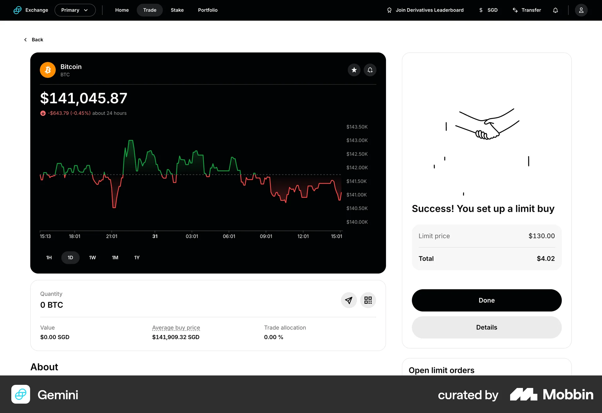 Gemini Web Order Confirmation screen