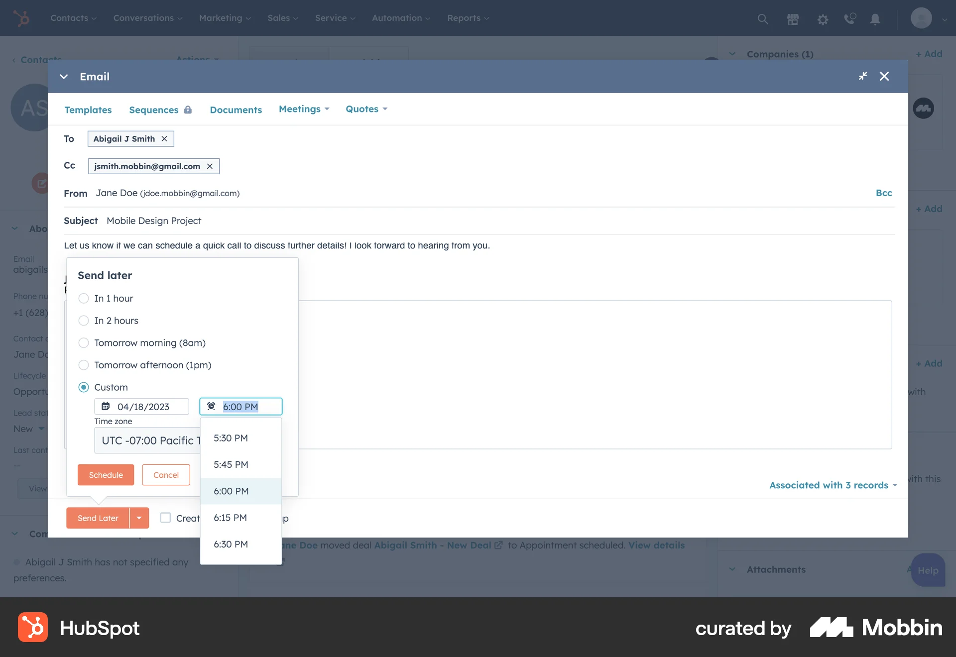 HubSpot Web screen containing Time Picker UI element