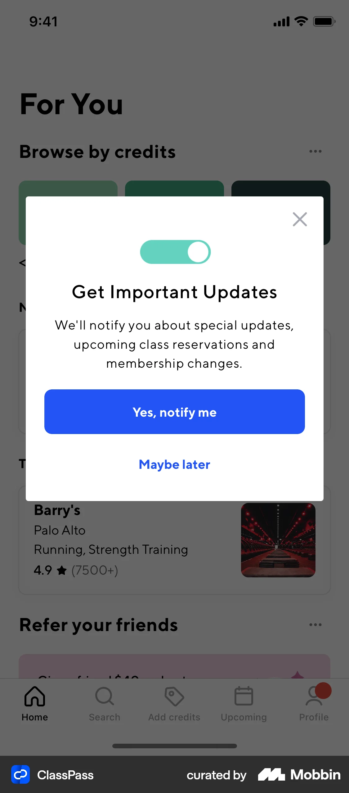 ClassPass iOS screen containing Dialog UI element