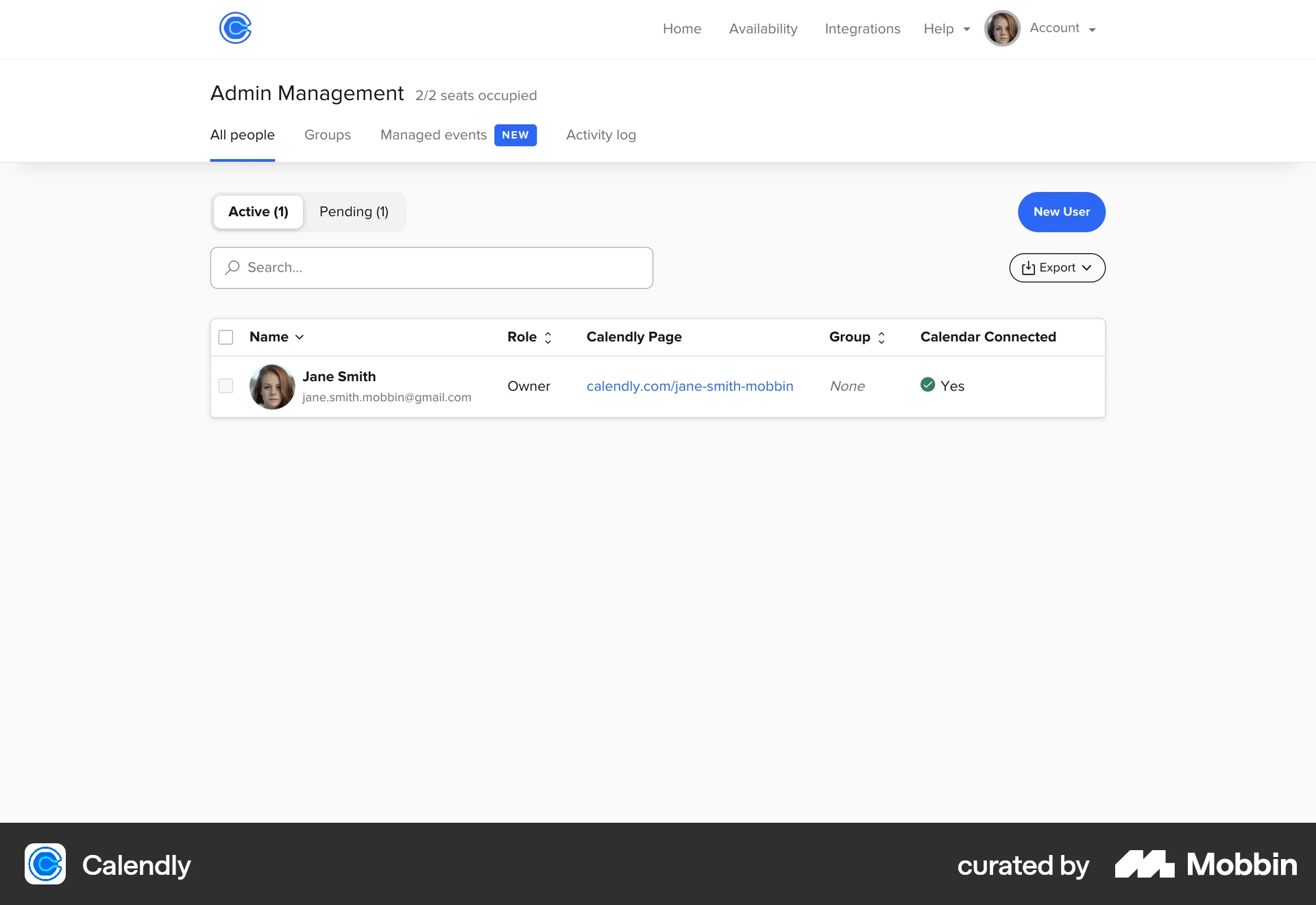 Calendly Web Admin UI screen