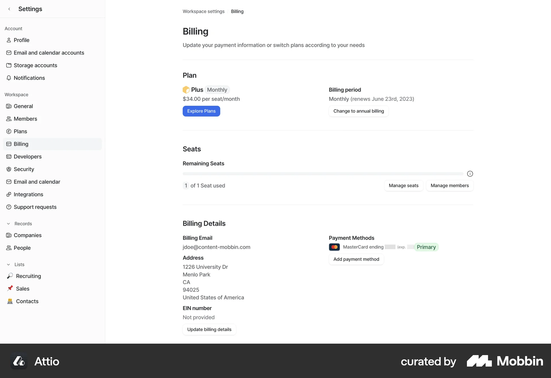 Attio Web Billing screen