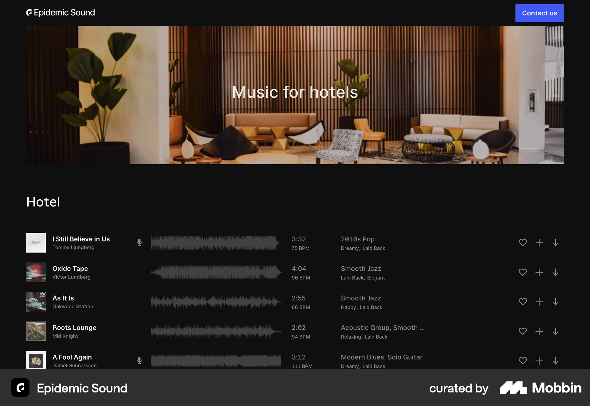 Epidemic Sound Web Playlists screen