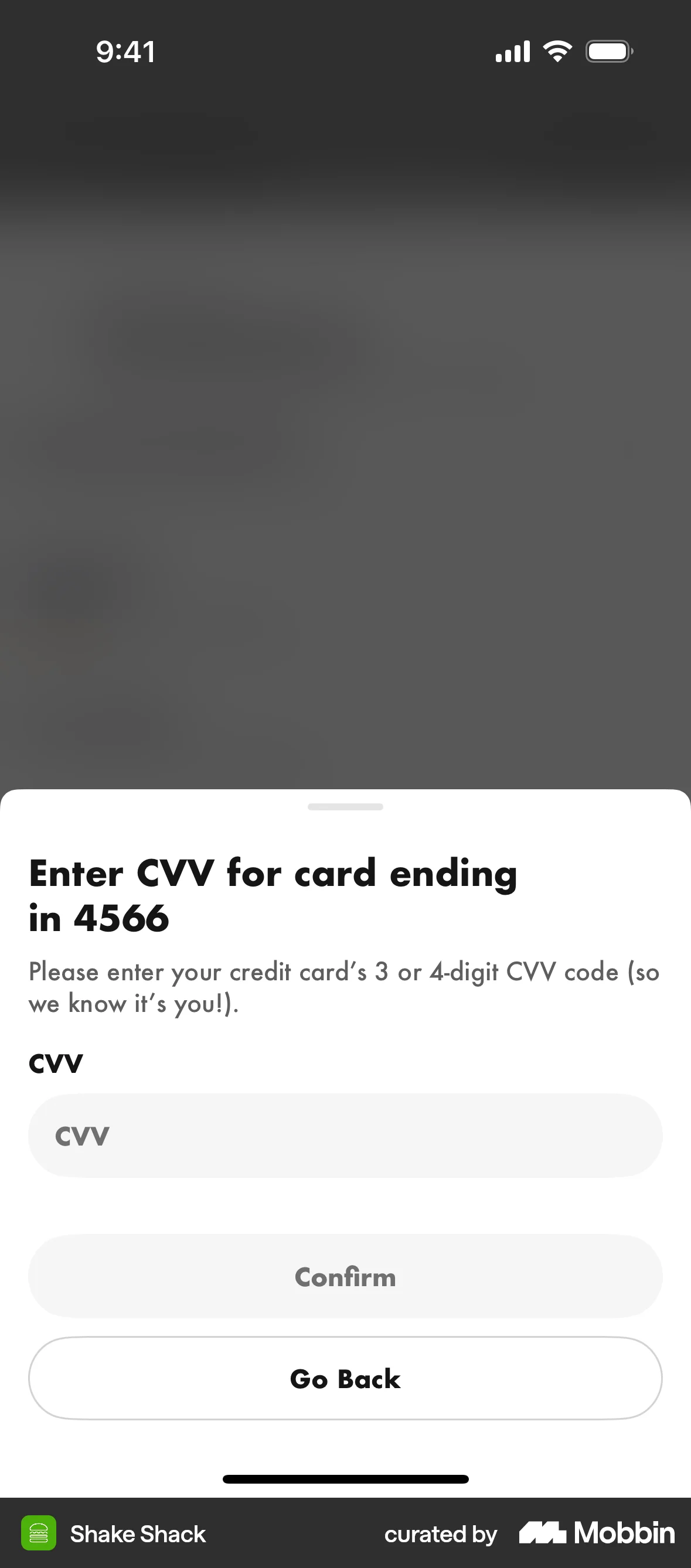 Shake Shack iOS Verification screen
