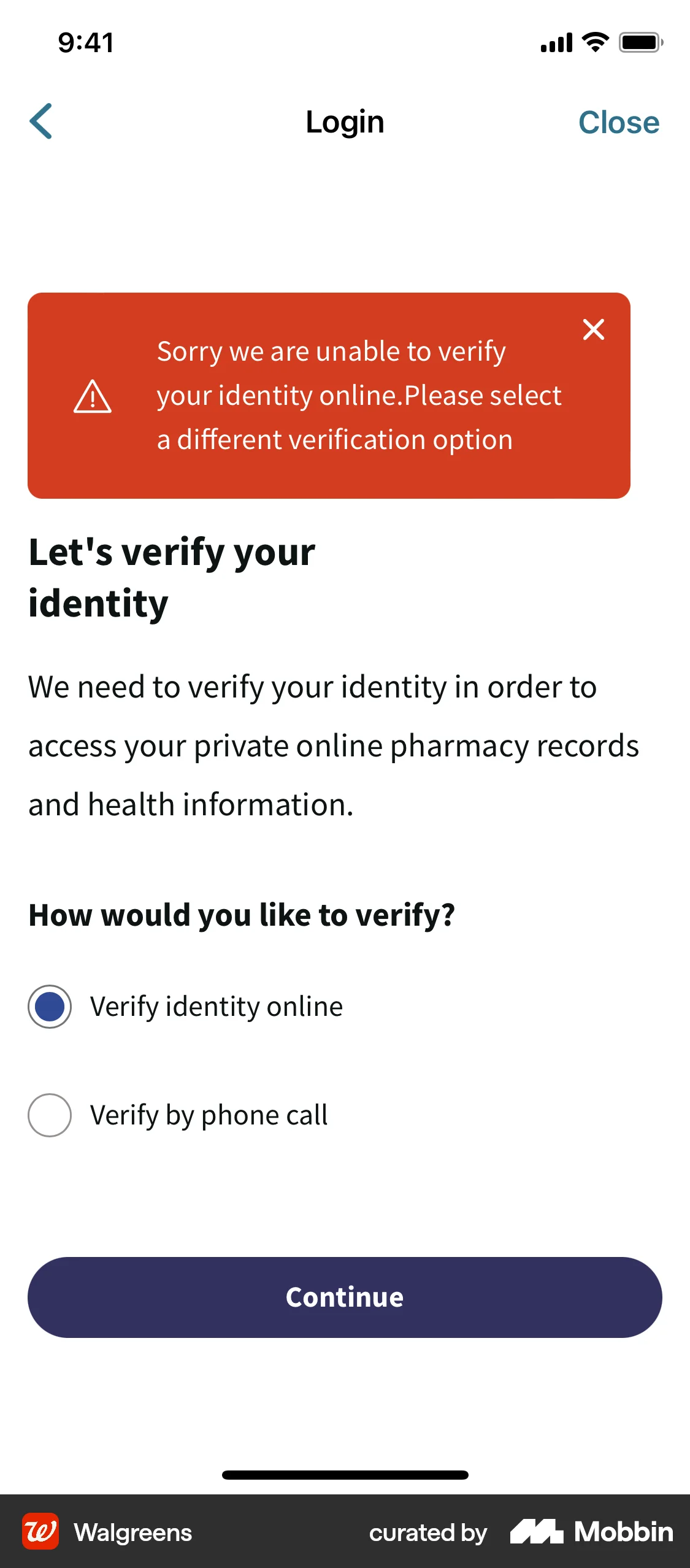 Walgreens iOS Error screen
