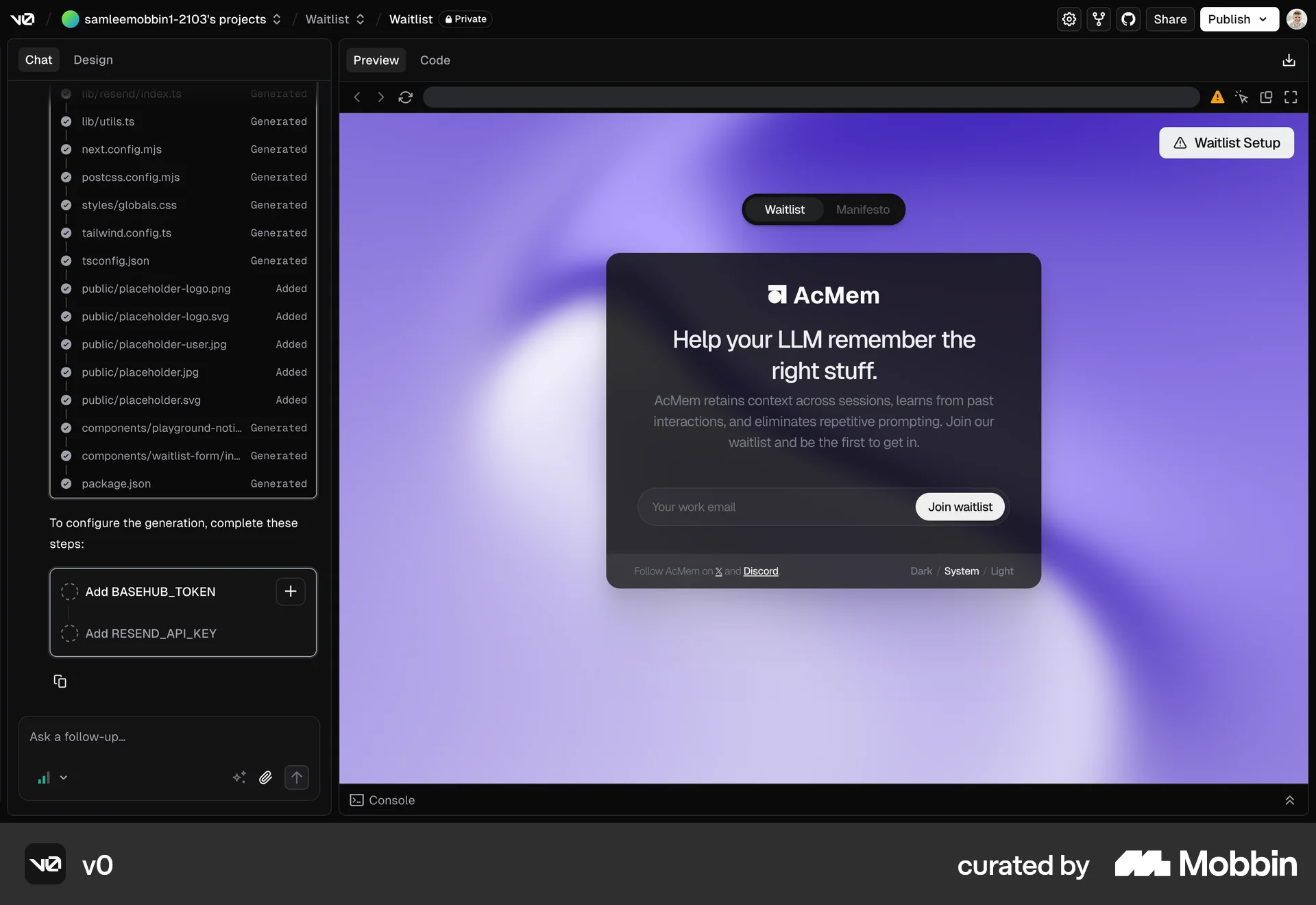 v0 Web Dark Mode screen