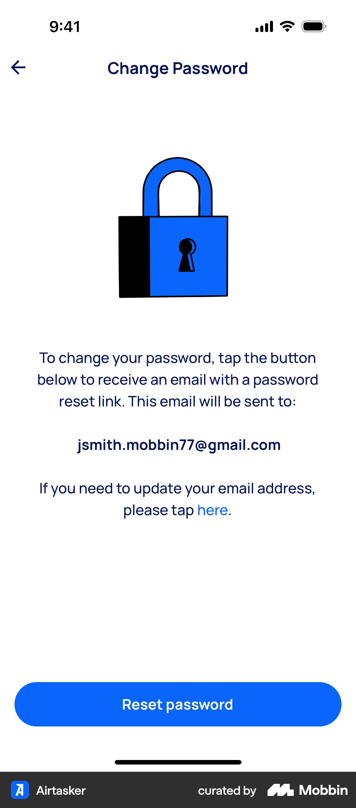Airtasker iOS Forgot Password screen