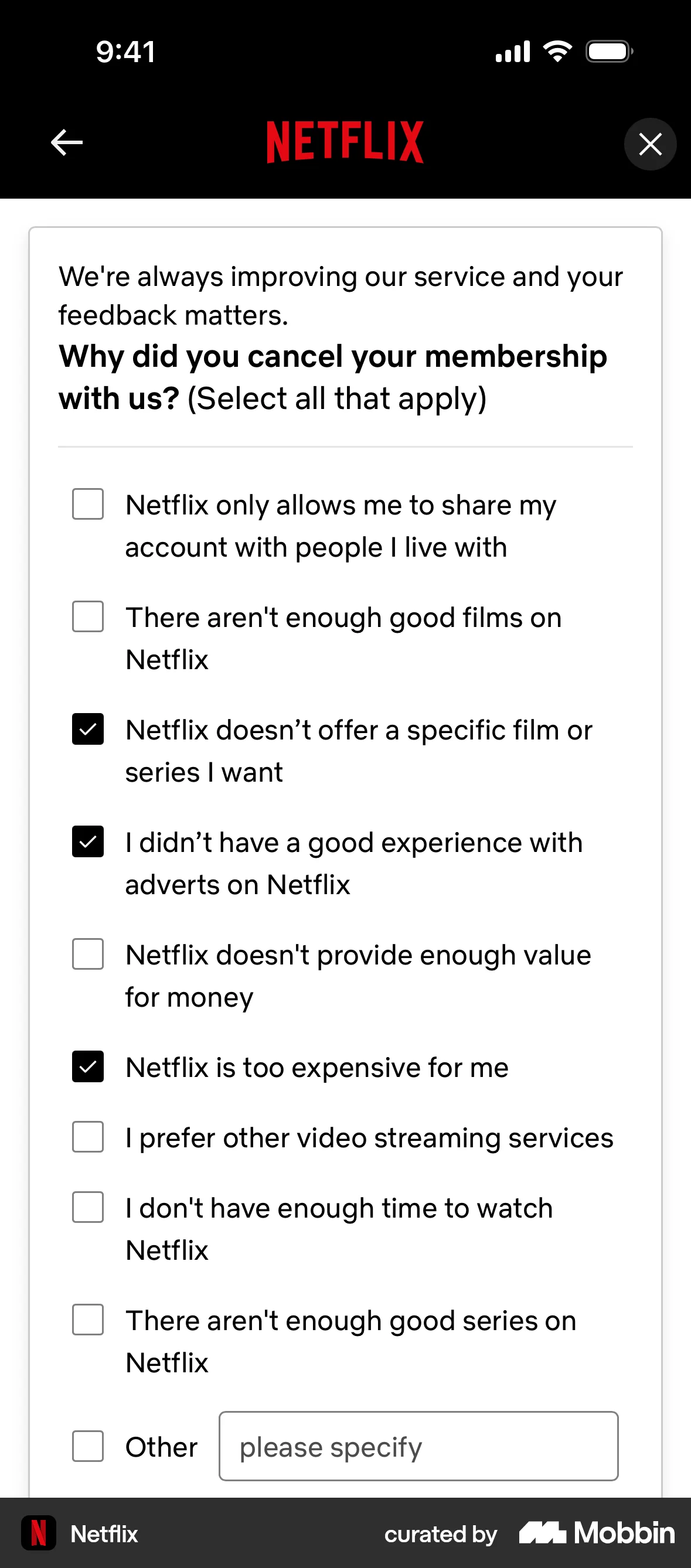 Netflix iOS Feedback screen