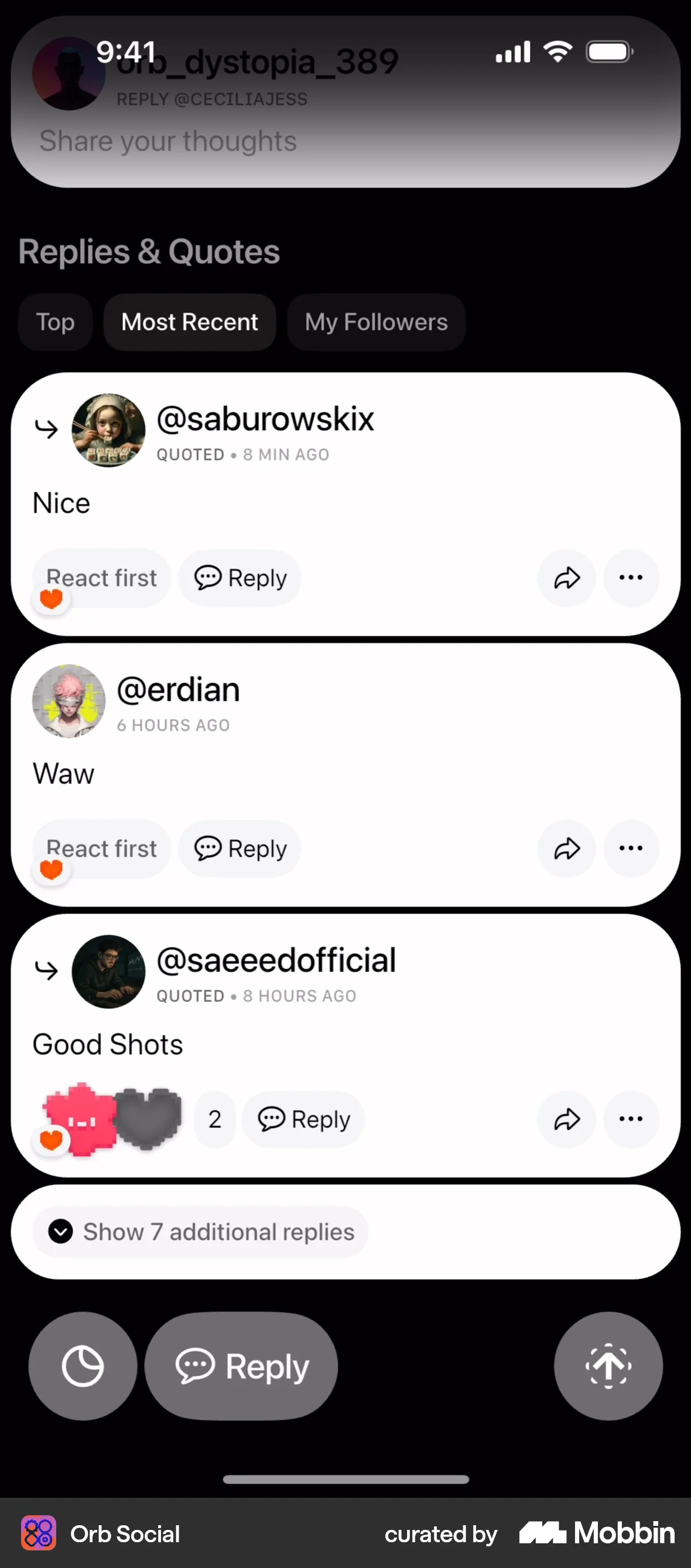 Orb Social iOS Comments screen
