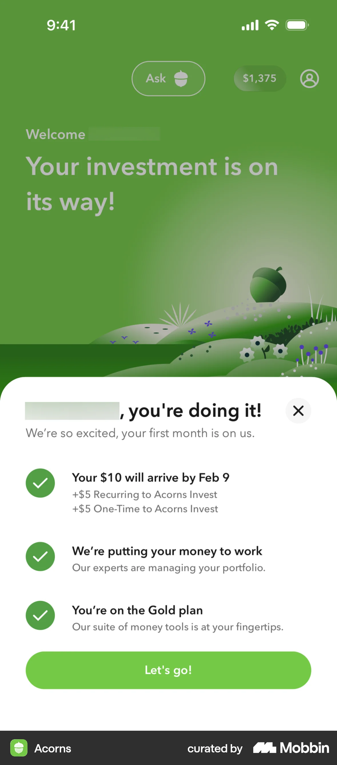 Acorns Onboarding screen