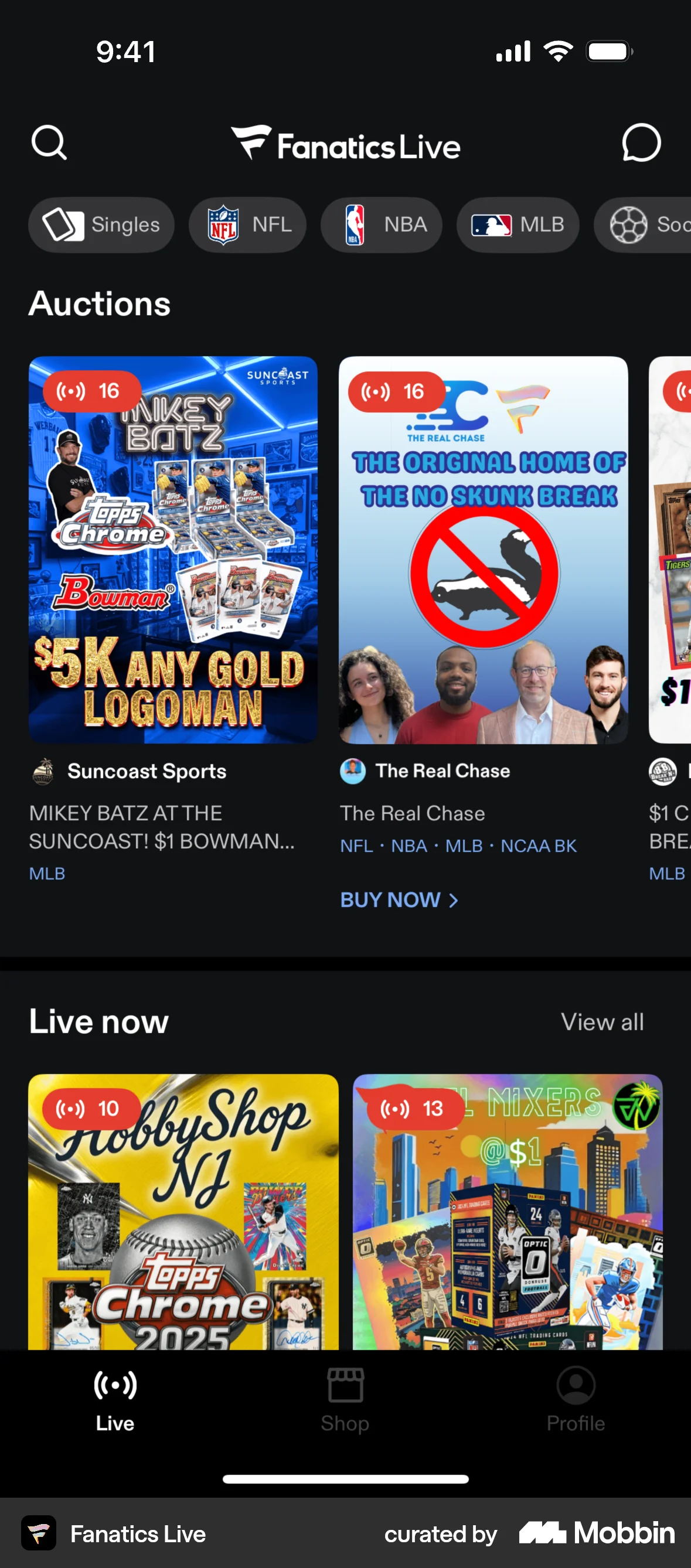 Fanatics Live iOS Browse & Discover screen