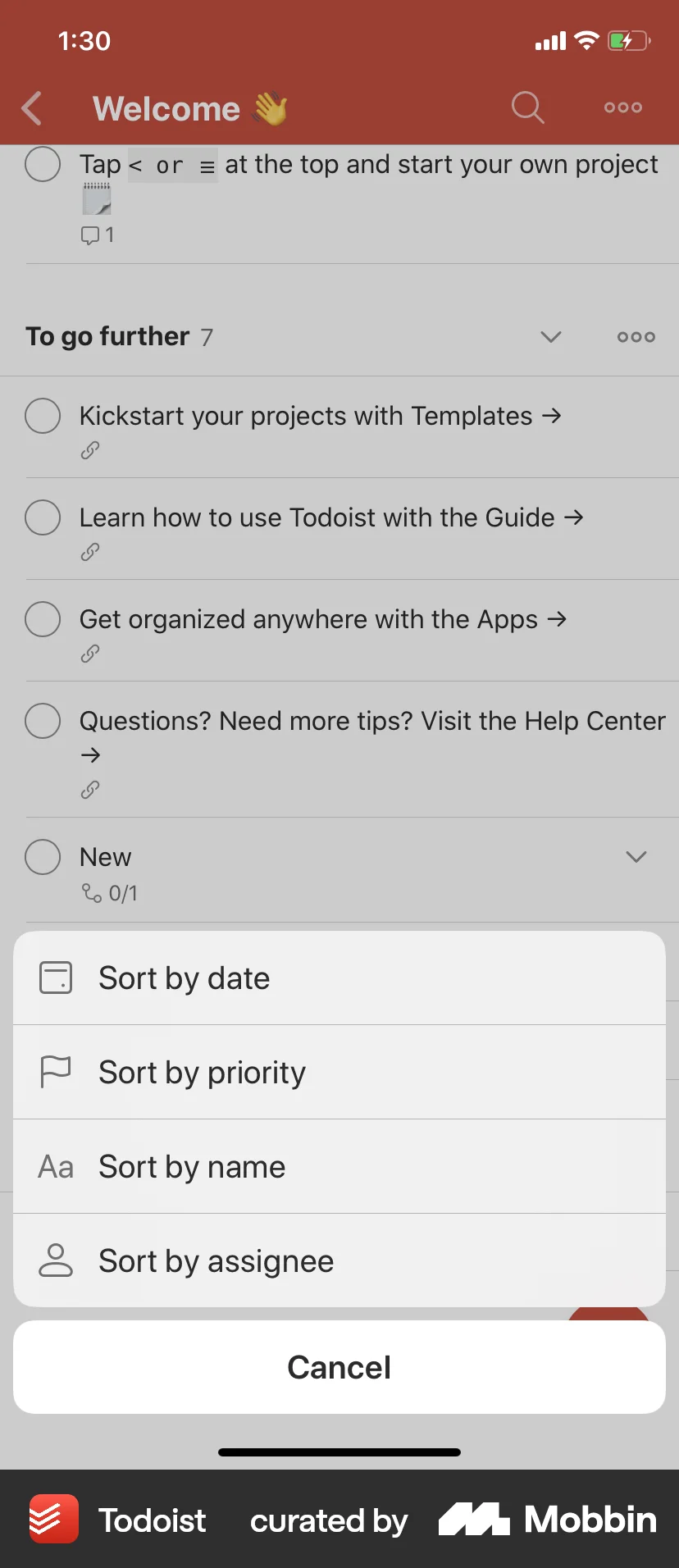 Todoist iOS screen containing Action Sheet UI element