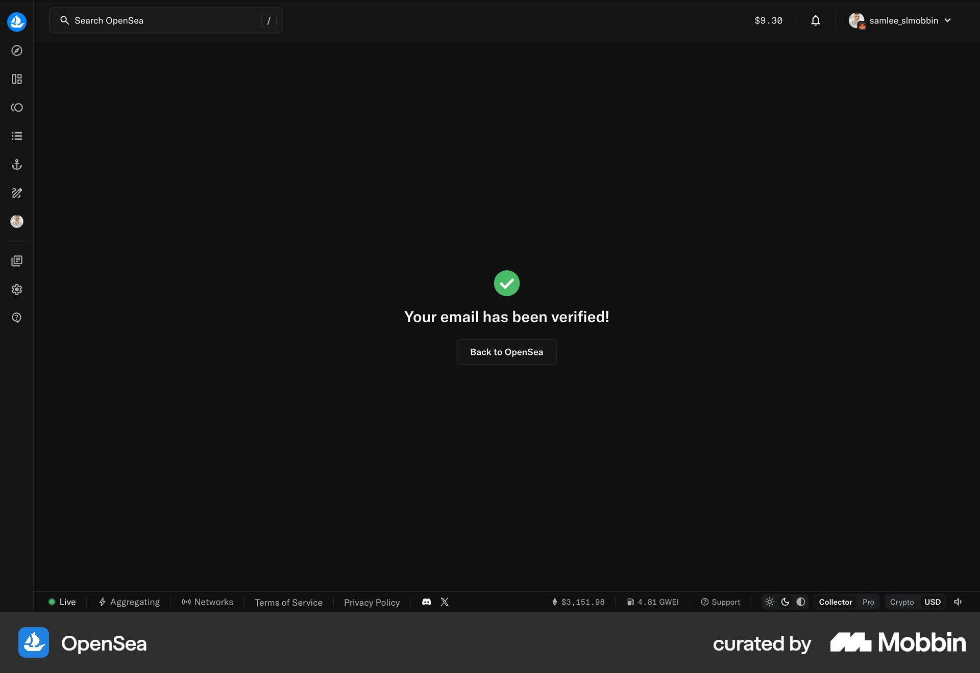 OpenSea Web Acknowledgement & Success screen