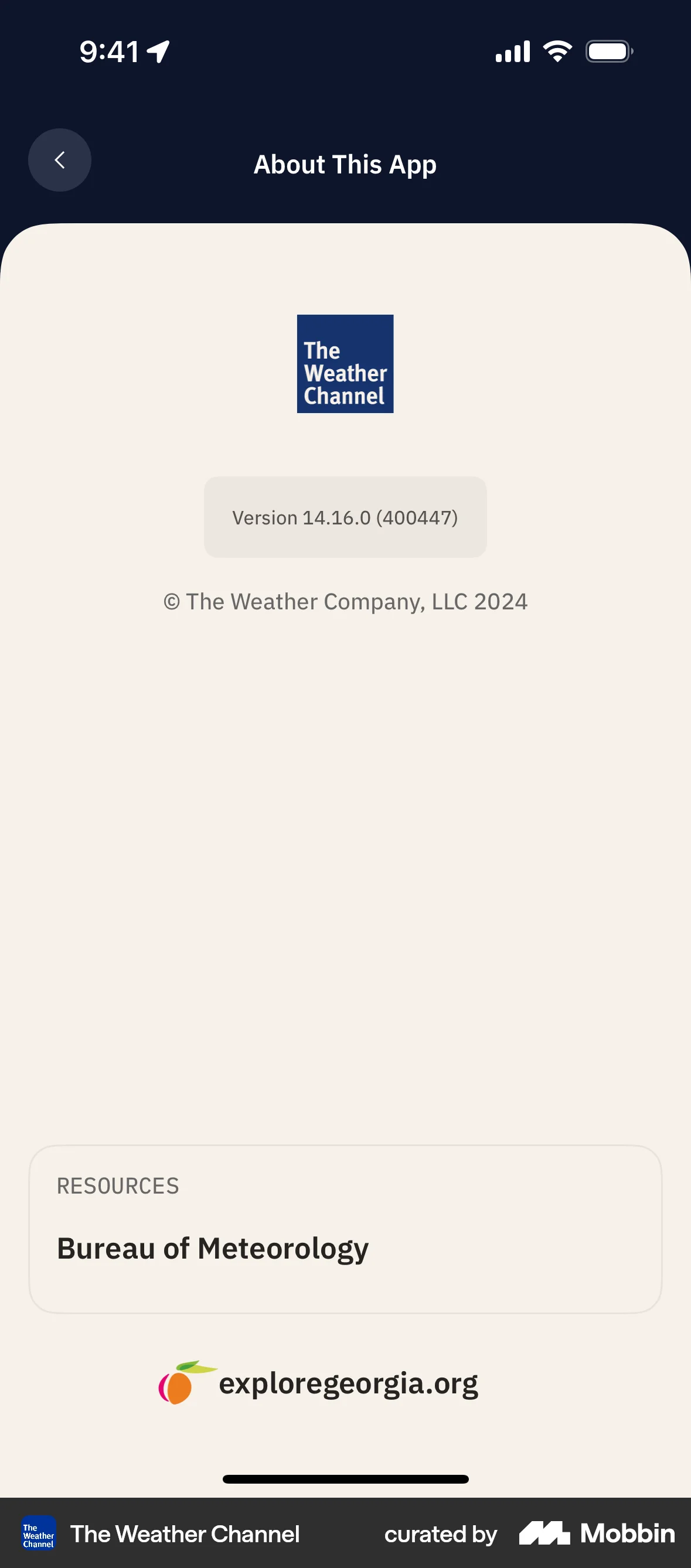 The Weather Channel iOS About screen
