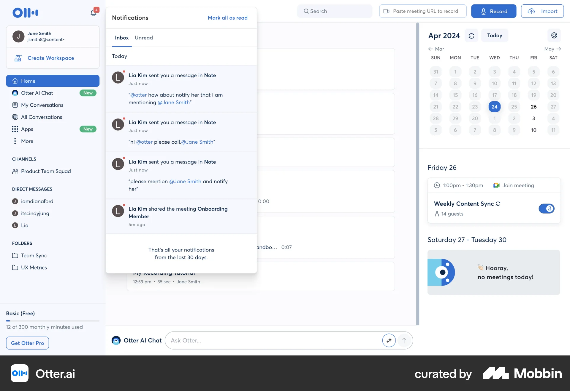 Otter.ai Web screen containing Popover UI element