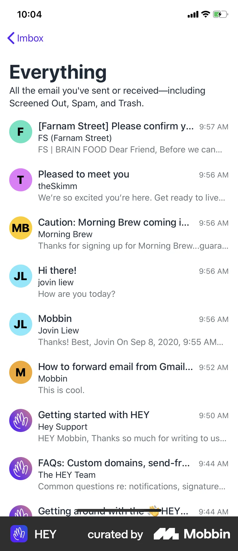 HEY iOS Emails & Messages screen