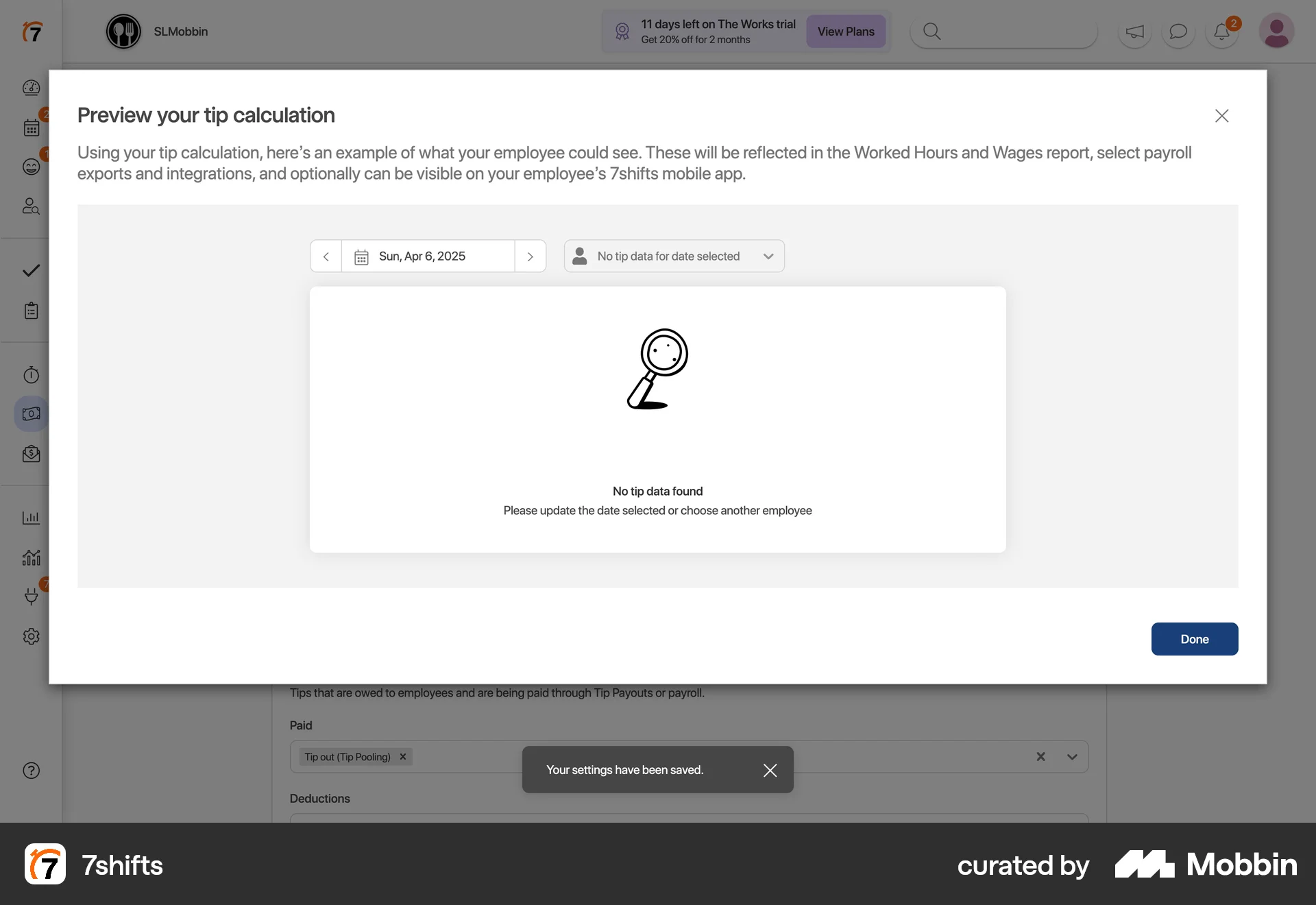 7shifts Web screen containing Modal UI UI element
