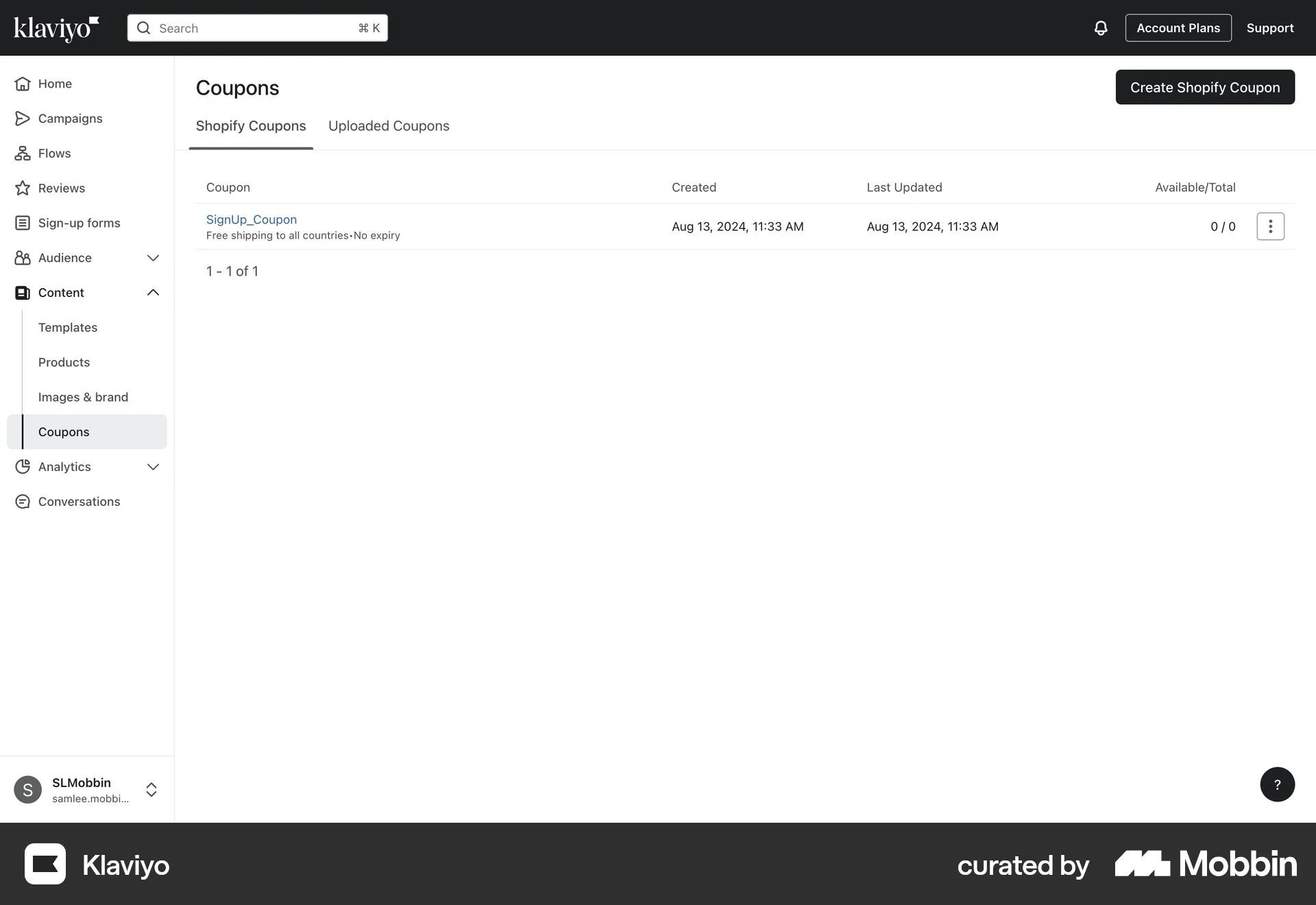 Klaviyo Web Promotions & Rewards screen