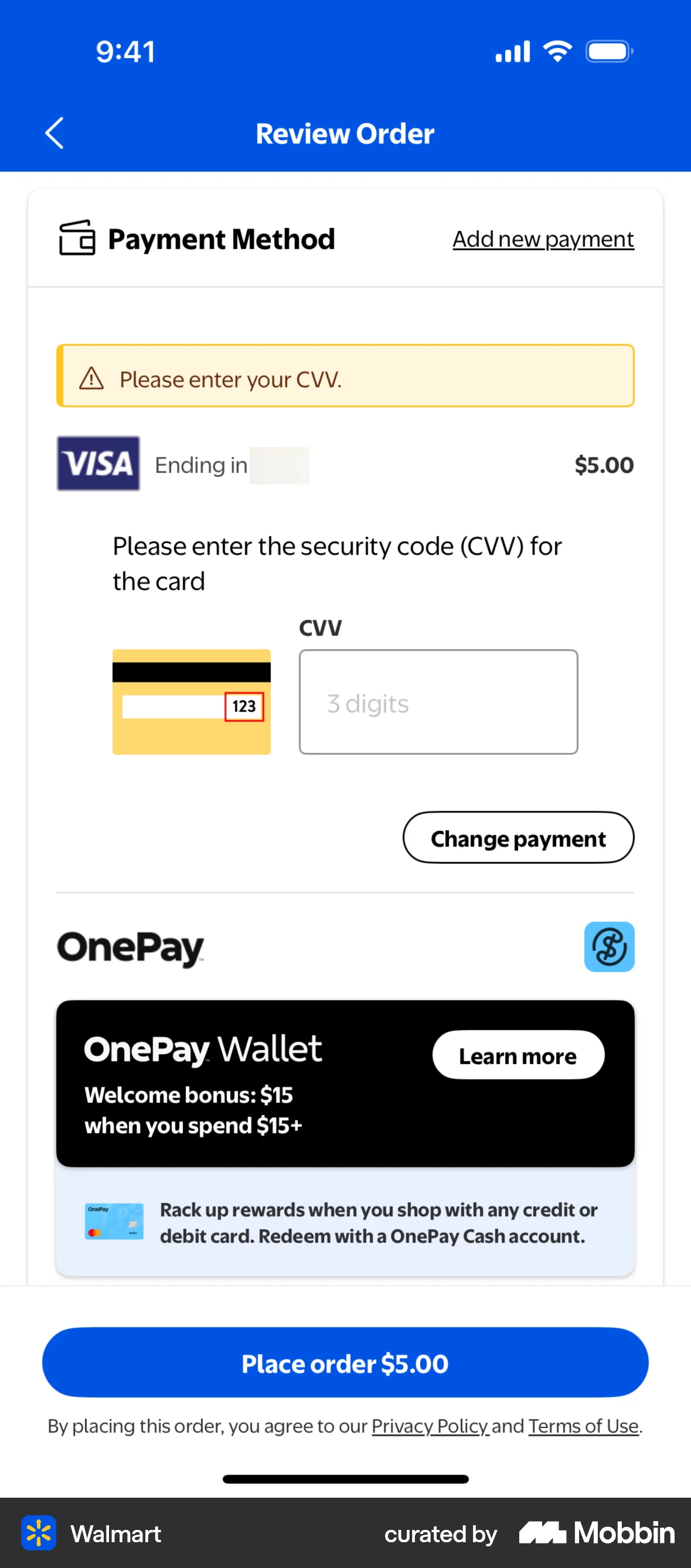 Walmart iOS Verification screen