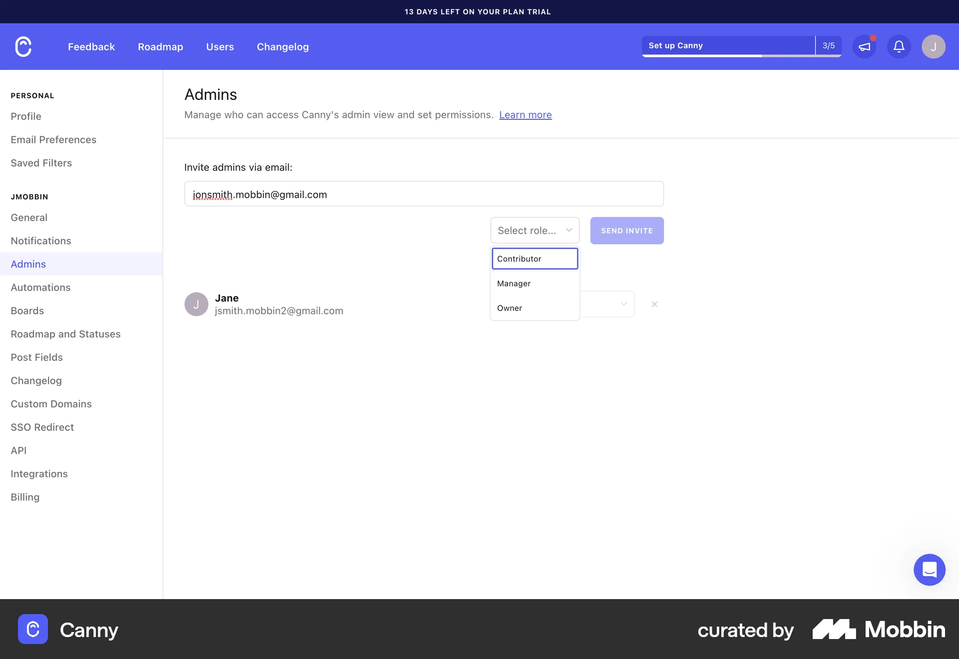 Canny Web Admin UI screen
