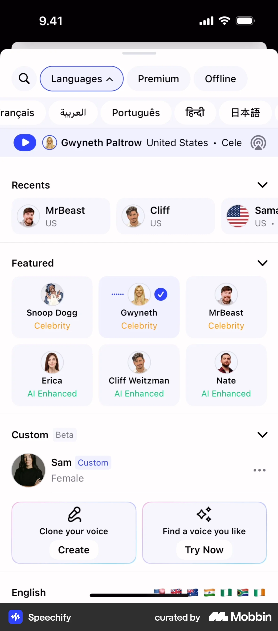 Speechify iOS Voice UI screen