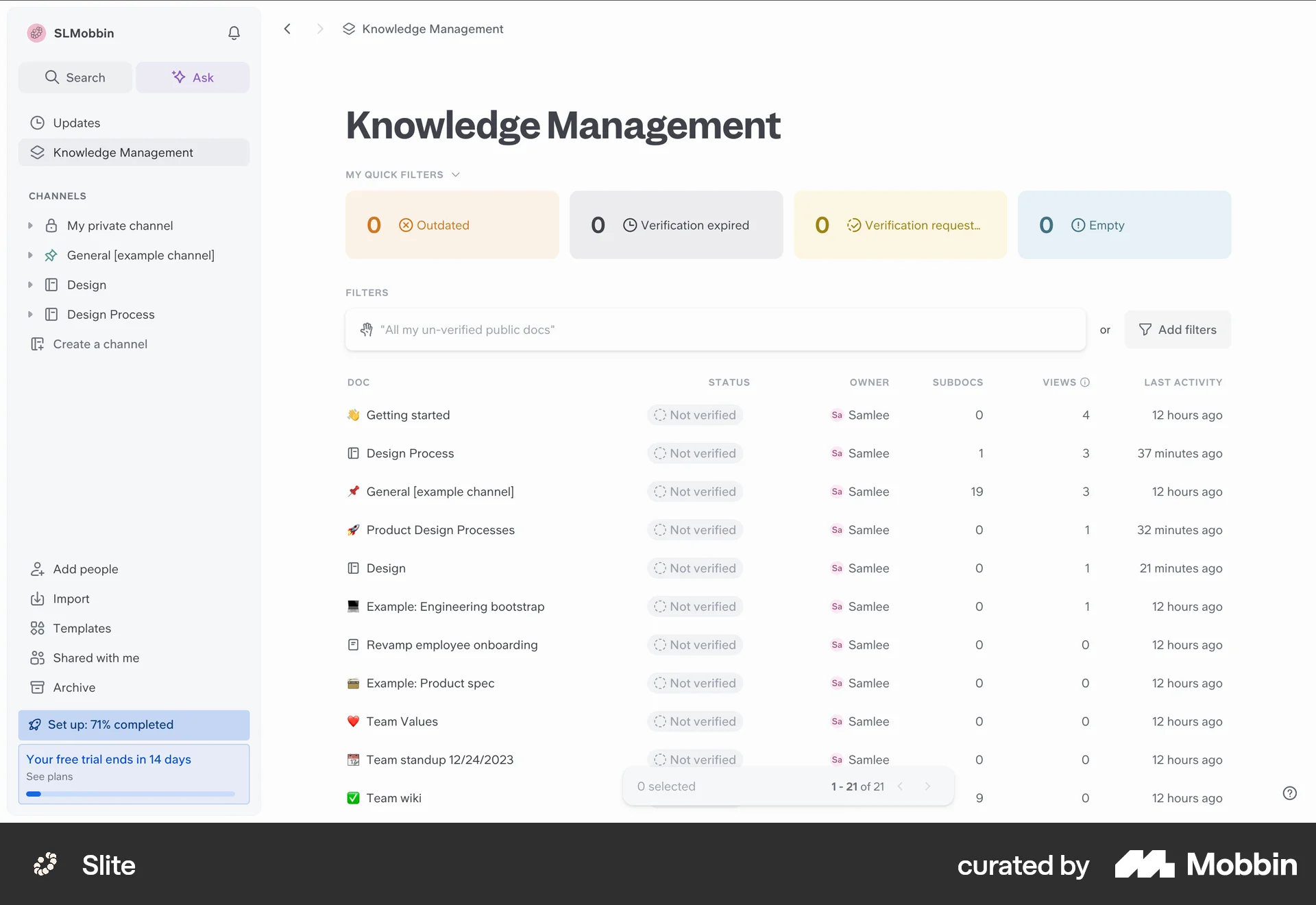 Slite Web screen containing Table UI element