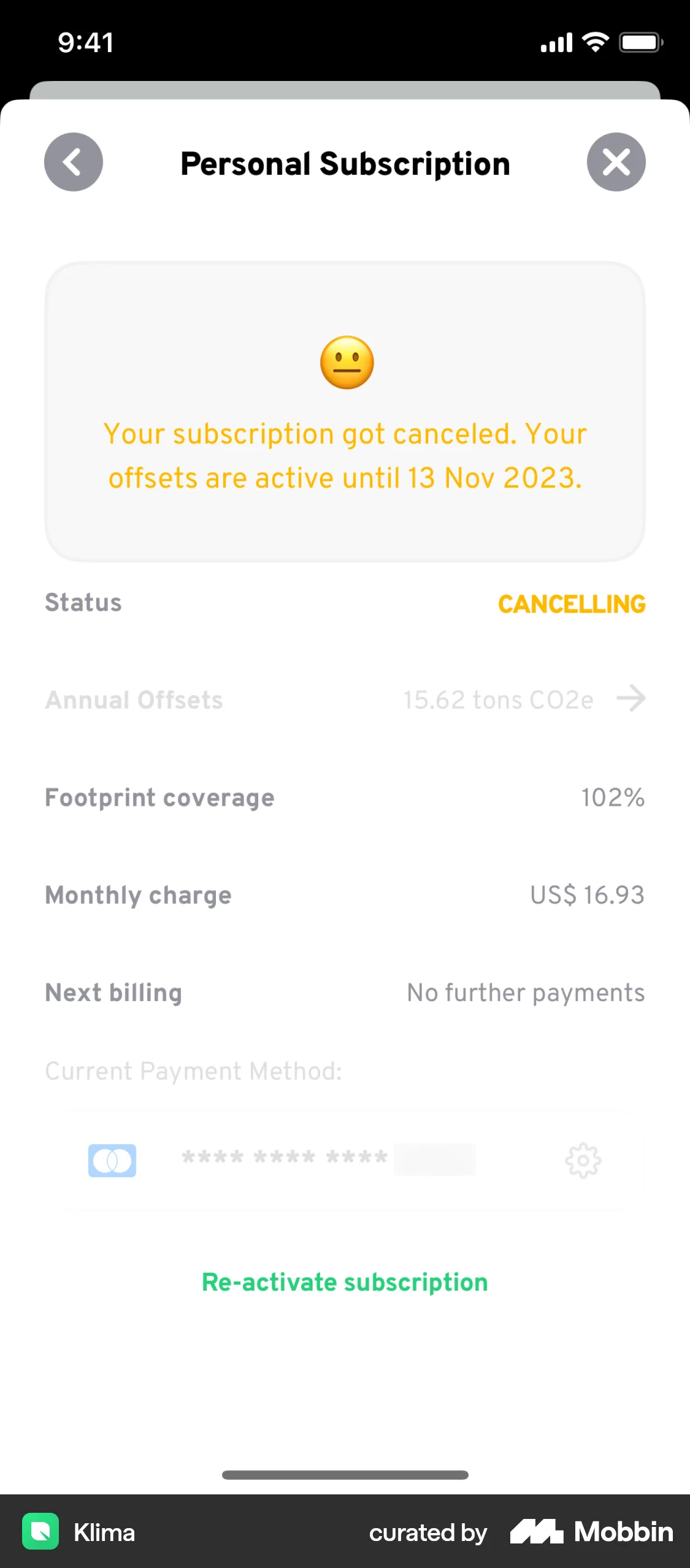 Klima iOS Billing screen