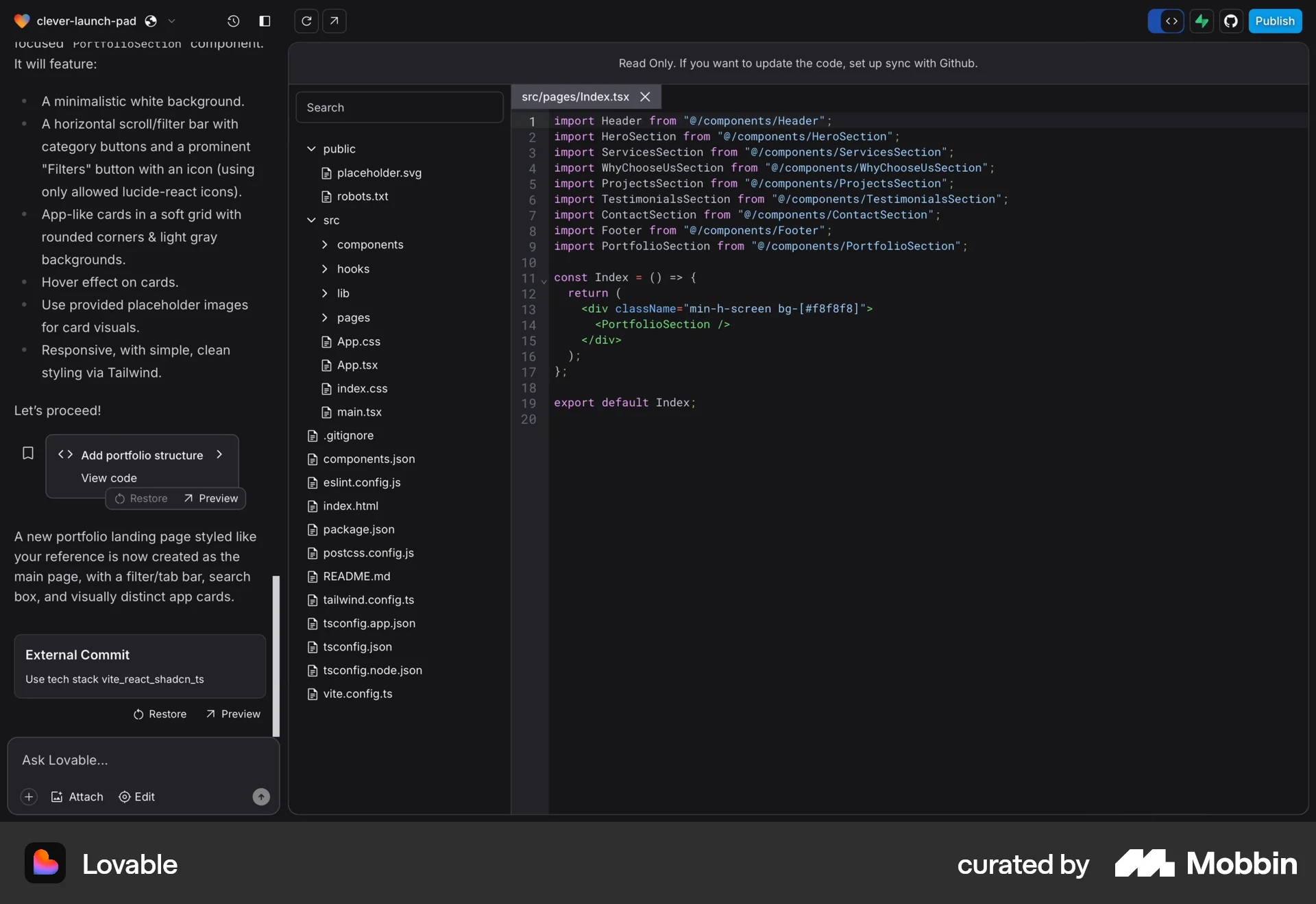 Lovable Web Code Editor screen