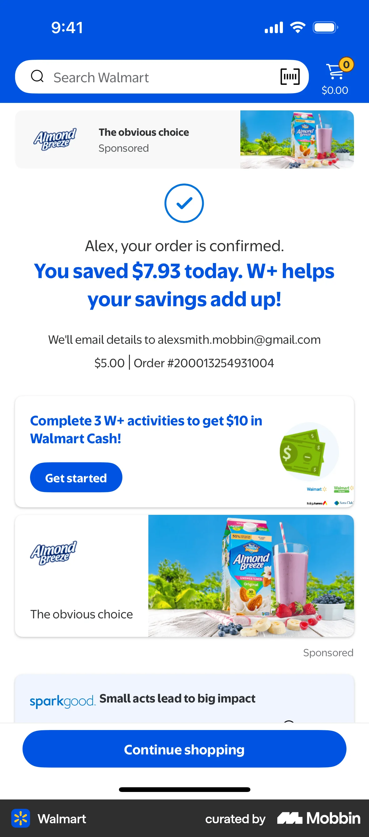 Walmart iOS Order Confirmation screen