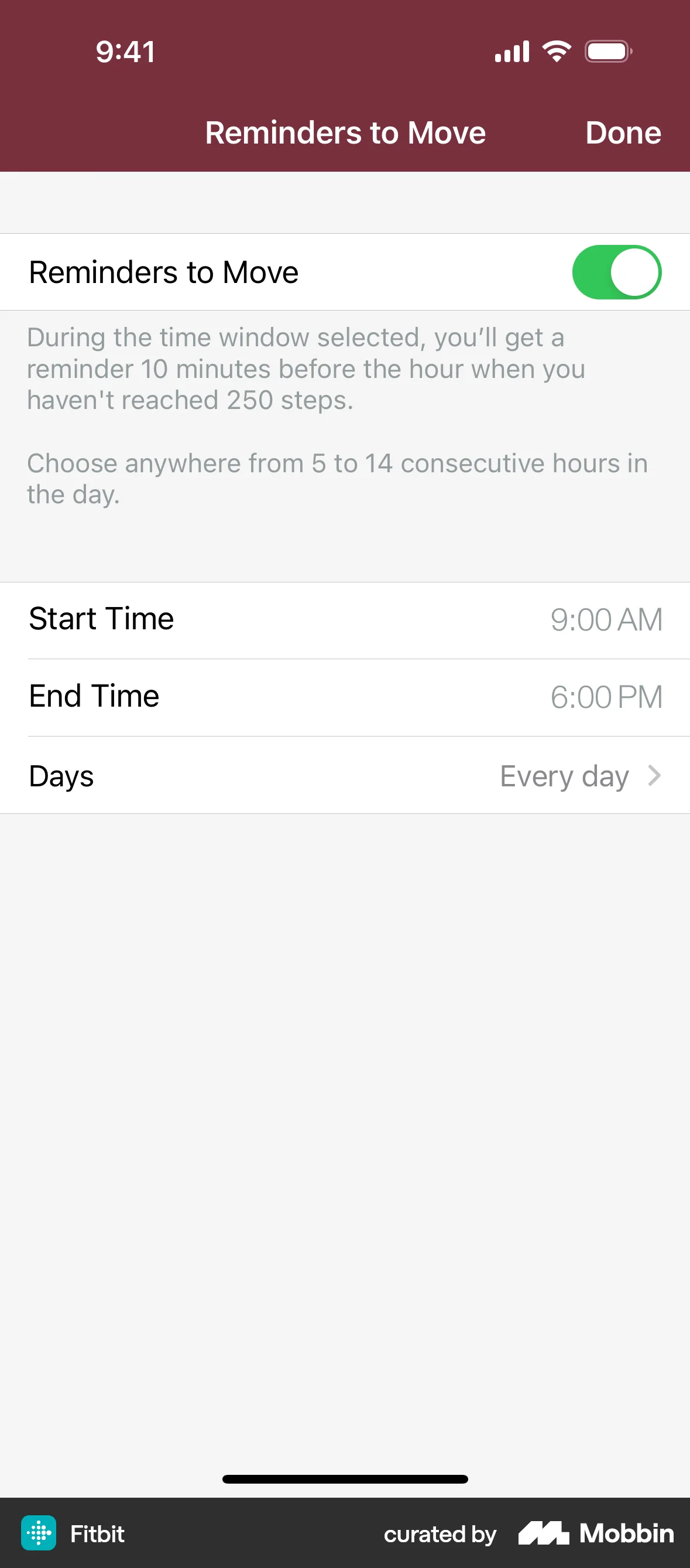 Fitbit iOS Reminder screen