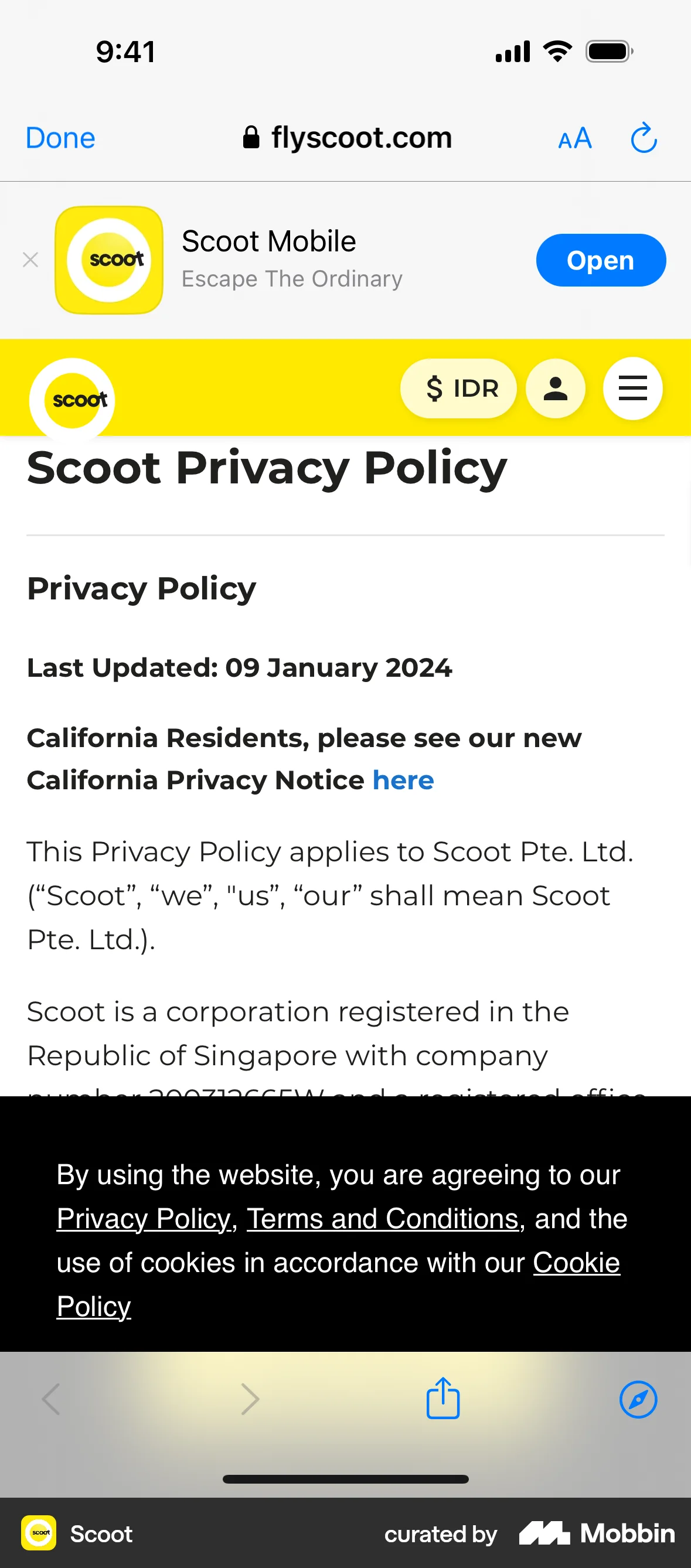 Scoot iOS Privacy Policy screen