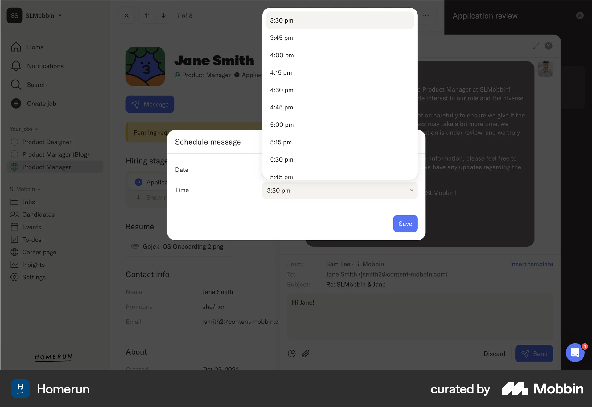 Homerun Web screen containing Time Picker UI element