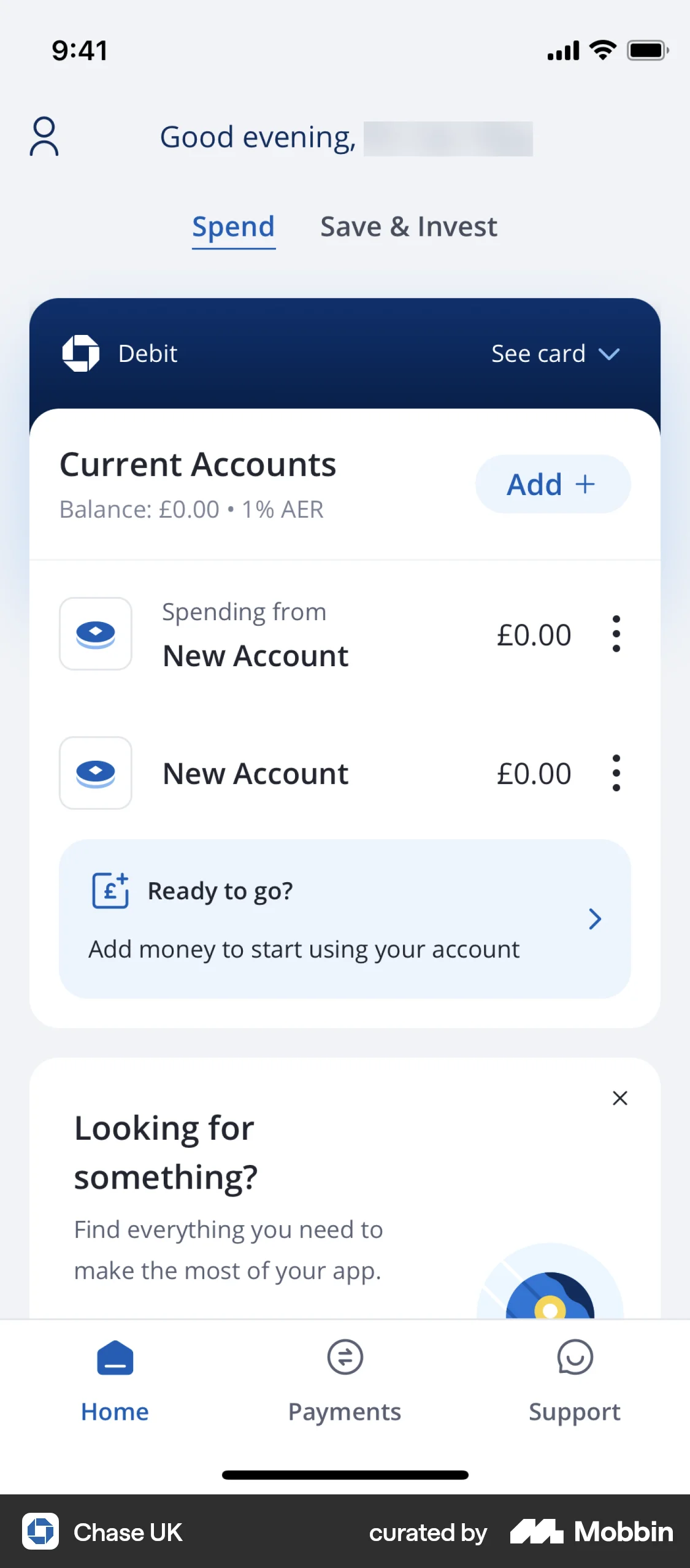 Chase UK iOS screen containing Tab UI element